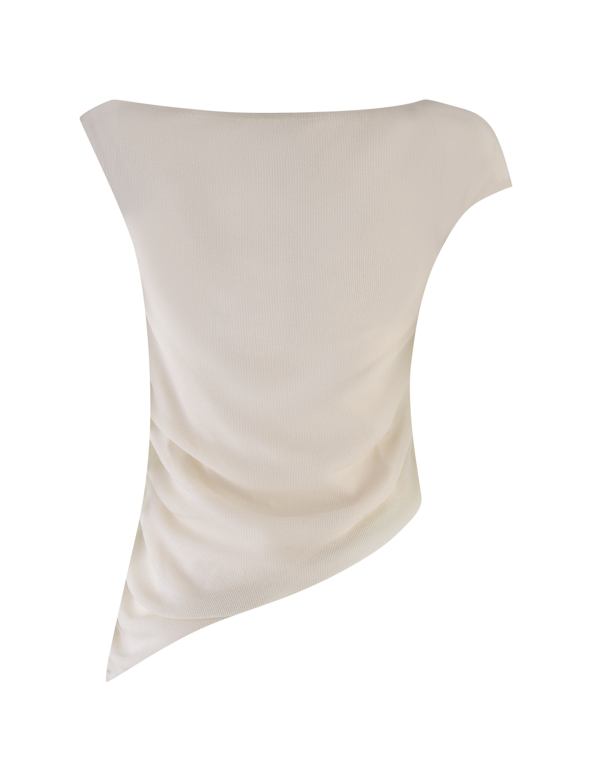 The TIGERMIST COBI TANK - WHITE : CREAM is a sheer shimmer jersey asymmetrical top with one short sleeve and draped, waist-gathered fabric, shown on an invisible mannequin against a plain background.