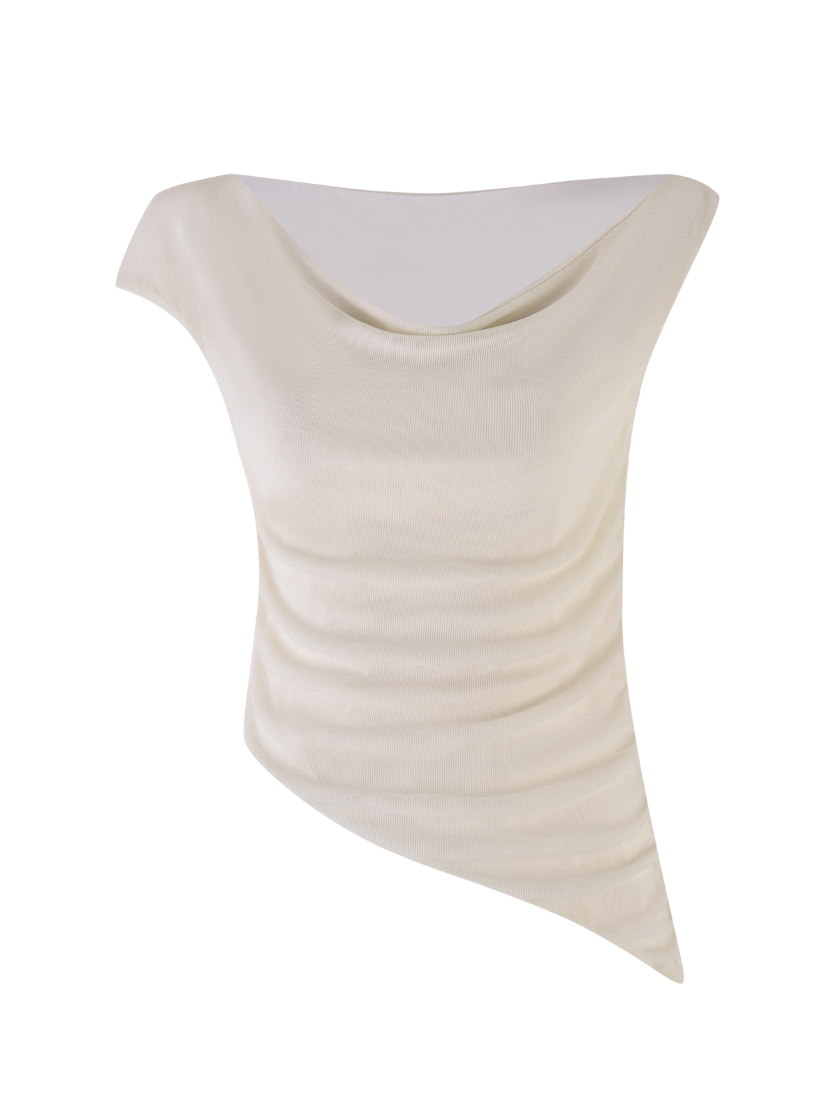 The COBI TANK - WHITE : CREAM by TIGERMIST is an off-white, sleeveless top with a draped neckline and slanted hem. Made from lightweight shimmer jersey, it features a textured finish for an elegant, asymmetrical look.