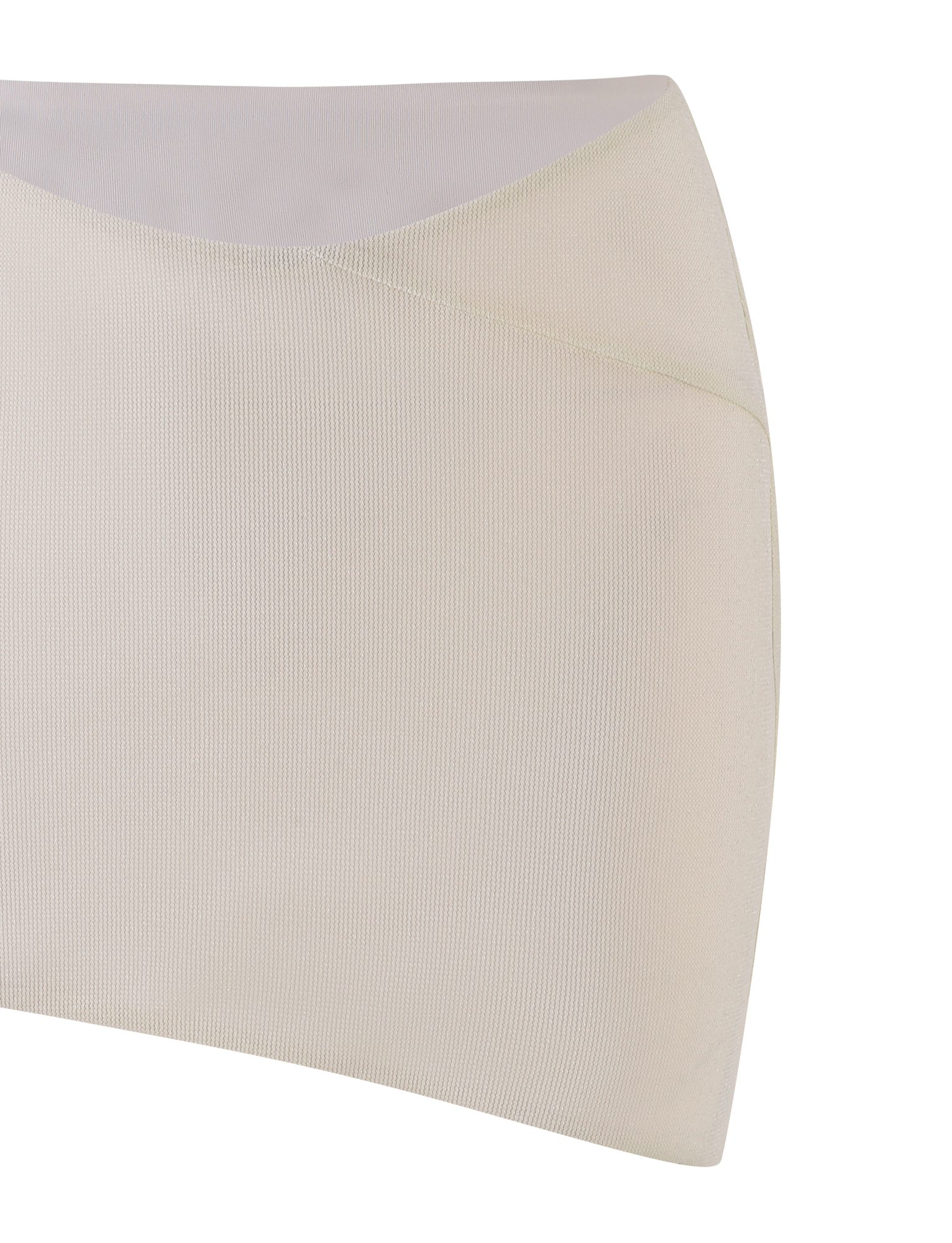 The TIGERMIST COBI SKIRT - WHITE : CREAM features a fitted off-white ribbed knit, low-rise waist, and subtle diagonal seam detail, shown against a plain background.