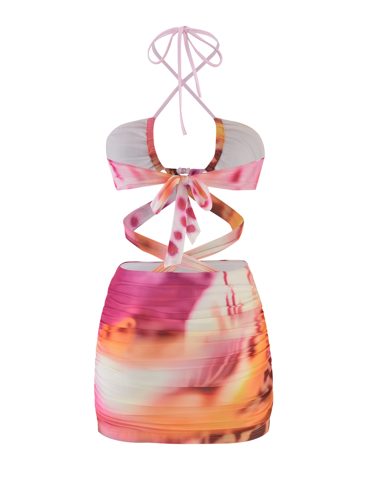 The ZARIAH MINI DRESS - MACRO ORCHID by TIGERMIST is a colorful bodycon mini dress with an abstract pink, orange, and white pattern, featuring front and side cutouts, ruching, adjustable bust panels, and a ribbon tie back.