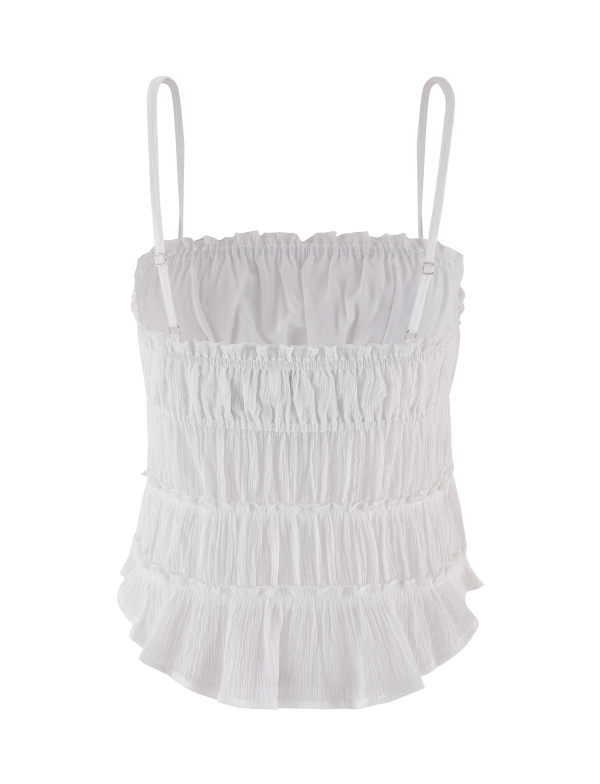 The ASHLYNN TOP - WHITE by TIGERMIST features thin adjustable straps, ruffled tiered layers, and a ruched textured design for a charming and stylish look.