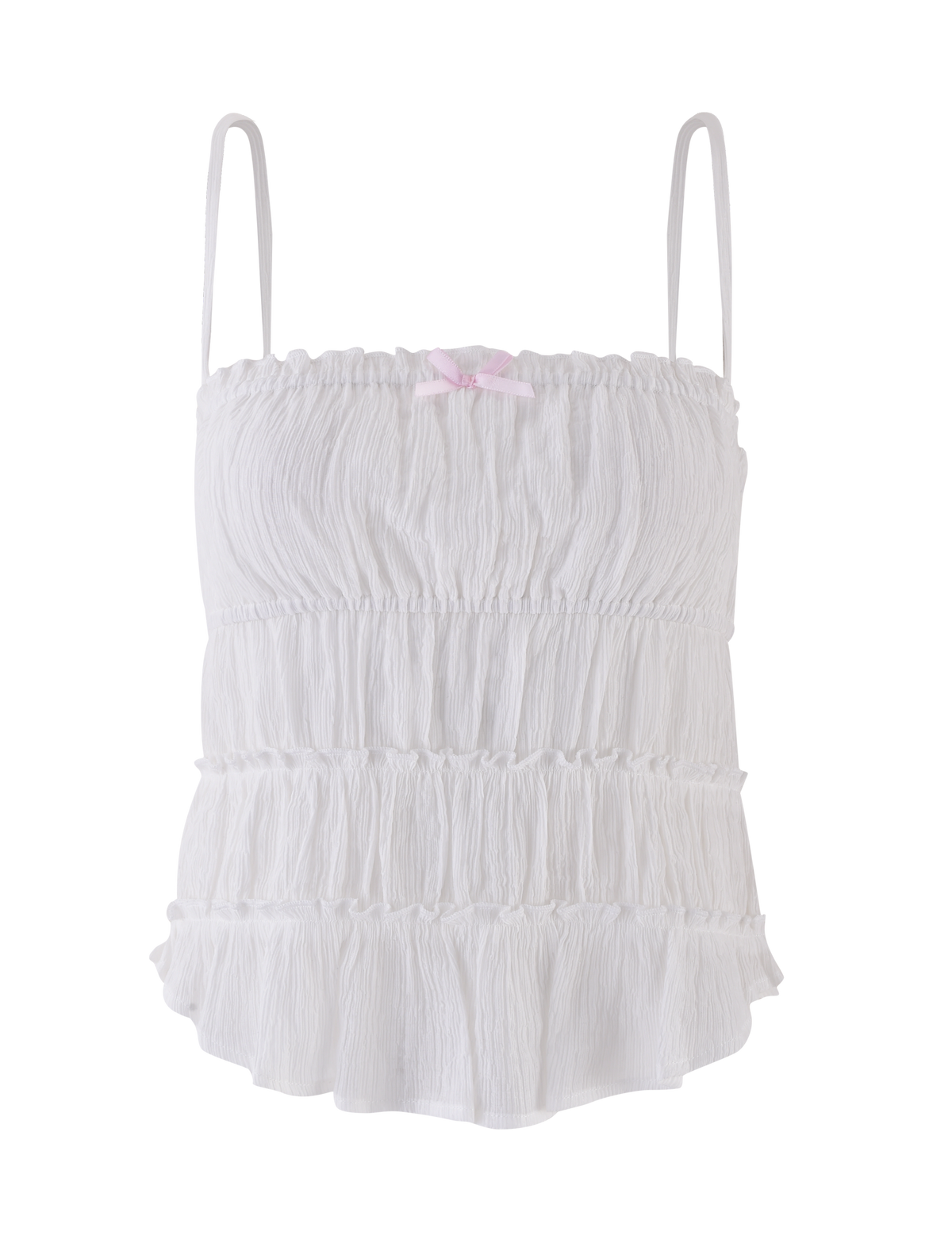 The ASHLYNN TOP - WHITE by TIGERMIST is a white tiered cami with adjustable straps, sleeveless design, and a satin bow at the center neckline for a feminine touch.