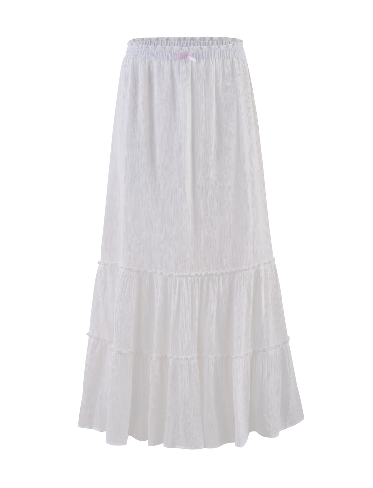 The ASHLYNN MAXI SKIRT by TIGERMIST is a long, white tiered maxi skirt featuring a gathered elasticated waist and lightweight, flowy fabric.