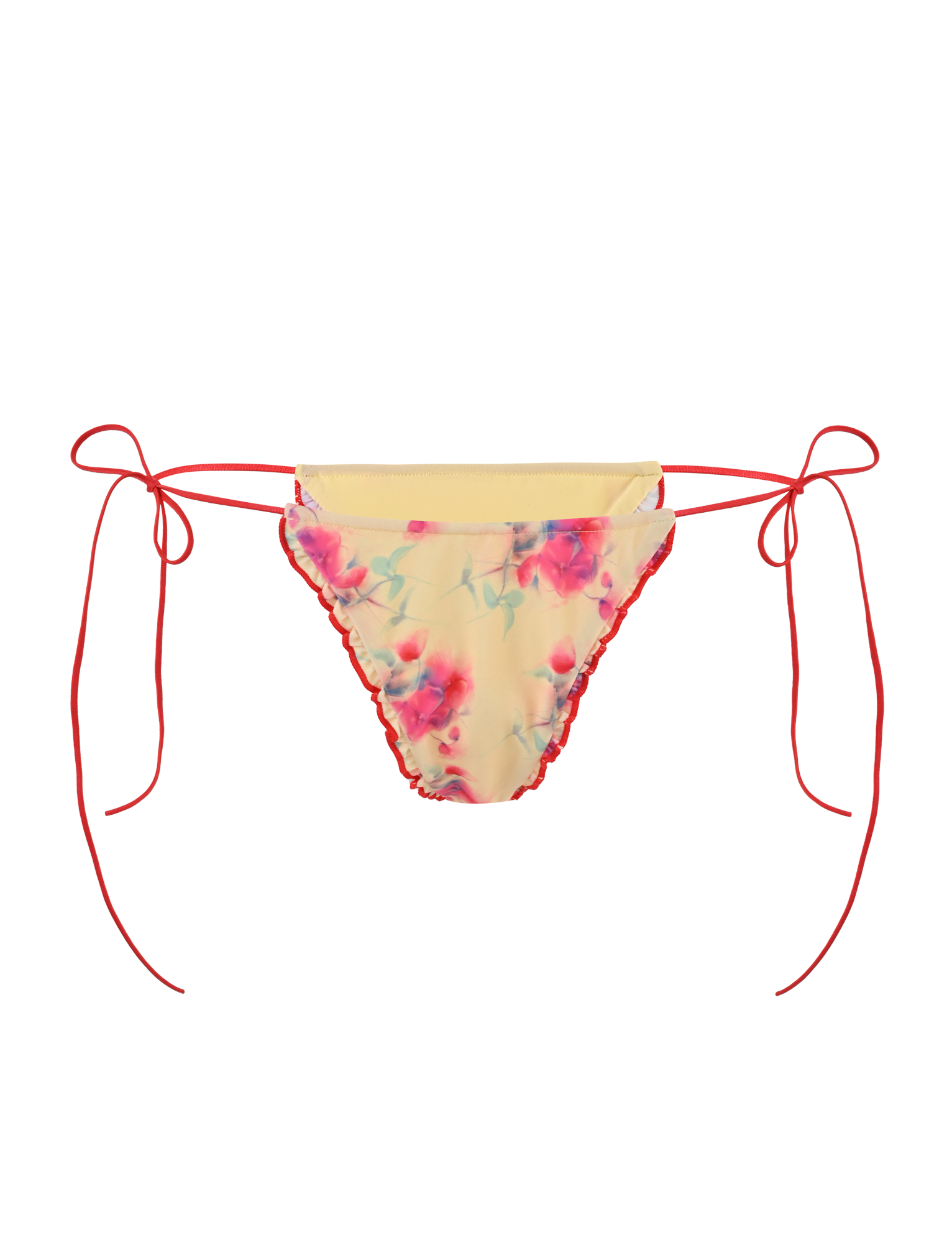 The TIGERMIST AMALIE 2PC BIKINI BOTTOM in Summer Blossom features a yellow floral print with pink and blue accents, red side ties, red trim edges, and delicate frills, displayed on a white background.