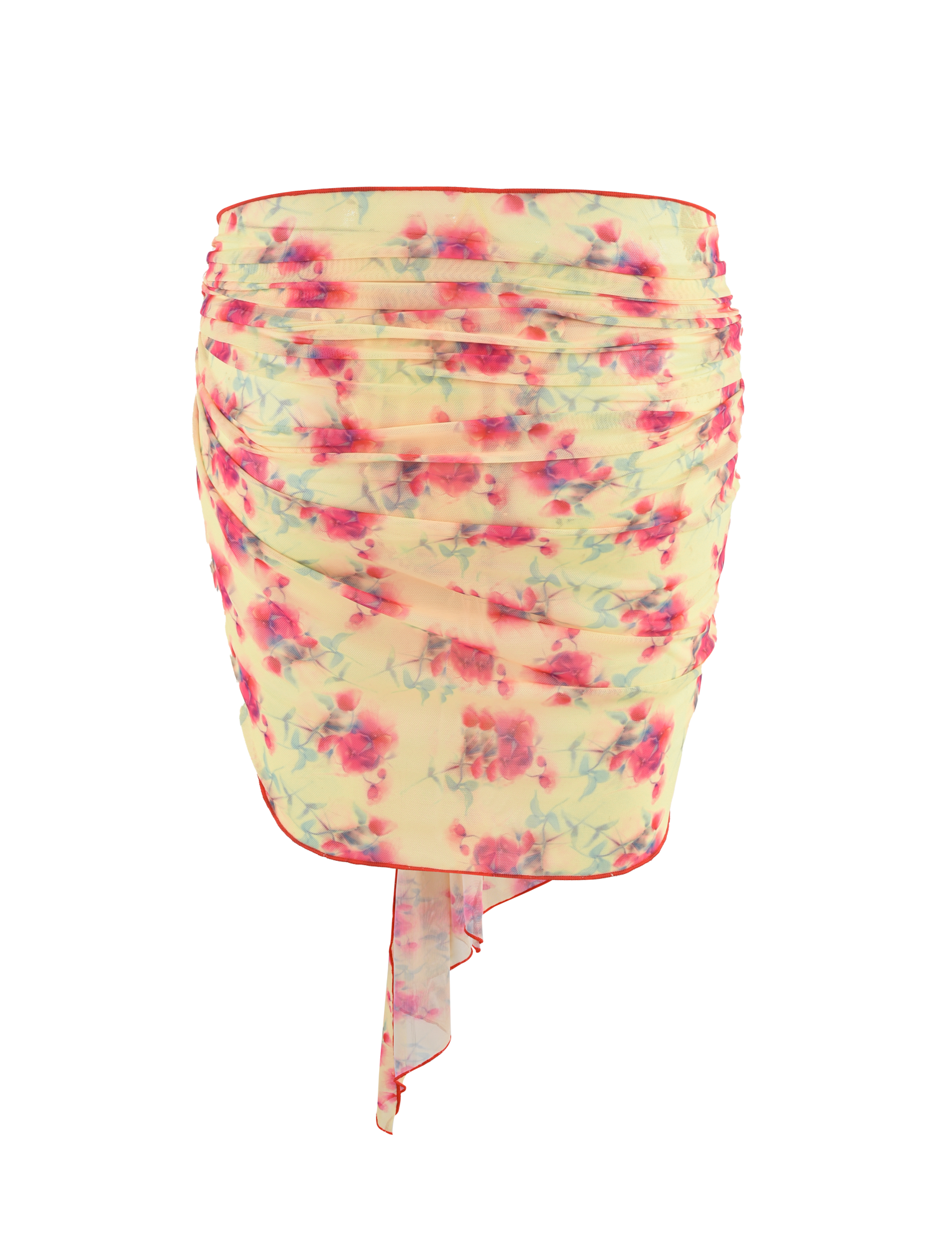 The AMALIE 2PC BIKINI BOTTOM - SUMMER BLOSSOM by TIGERMIST is a high-waisted, ruched mini skirt with a sheer yellow overlay, pink floral print, and asymmetrical hem—perfect for pairing with your favorite bikini or sarong set.