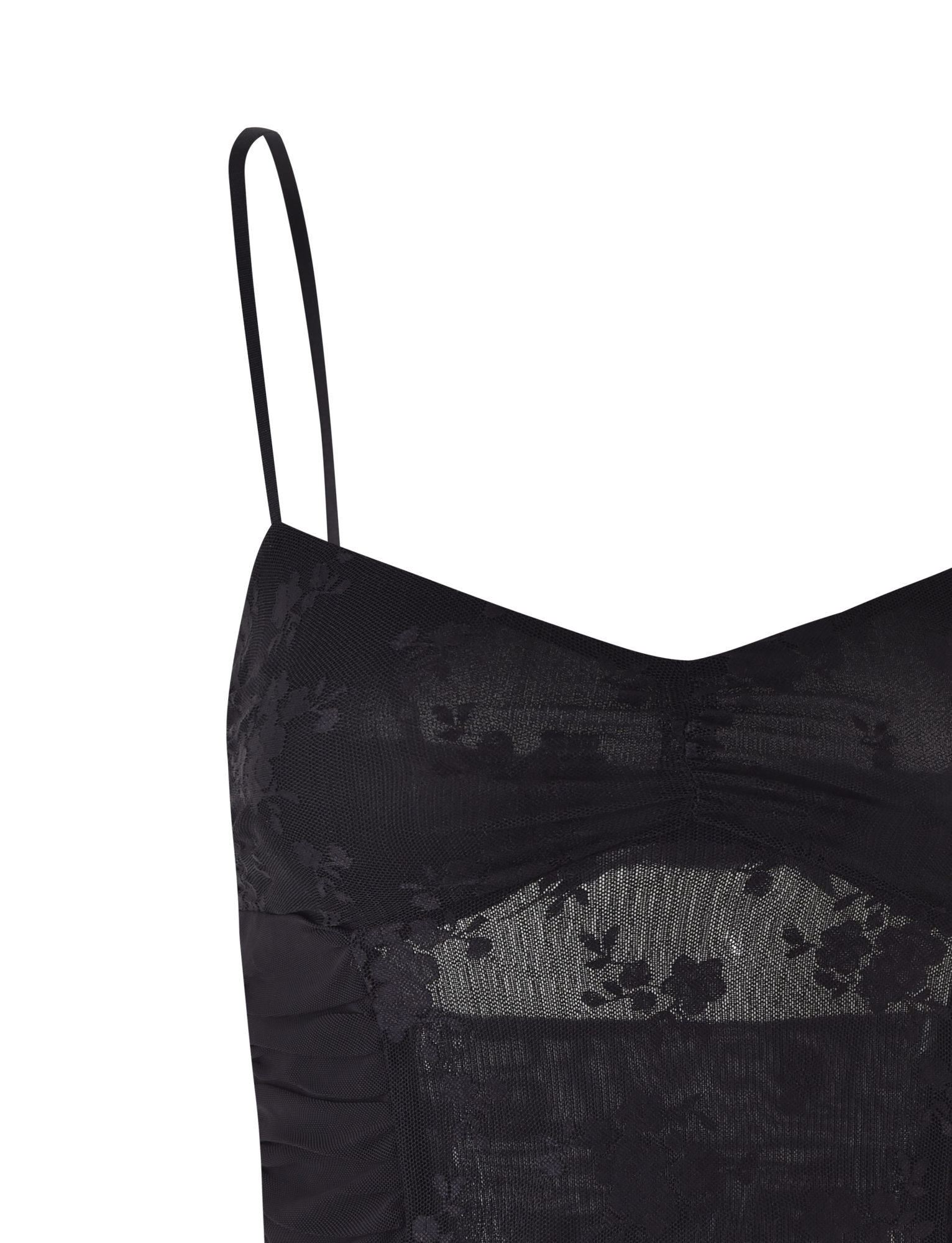A close-up of the TIGERMIST KALLIE TOP - BLACK, showcasing its black lace with floral patterns, sheer mesh panels, and thin adjustable strap.