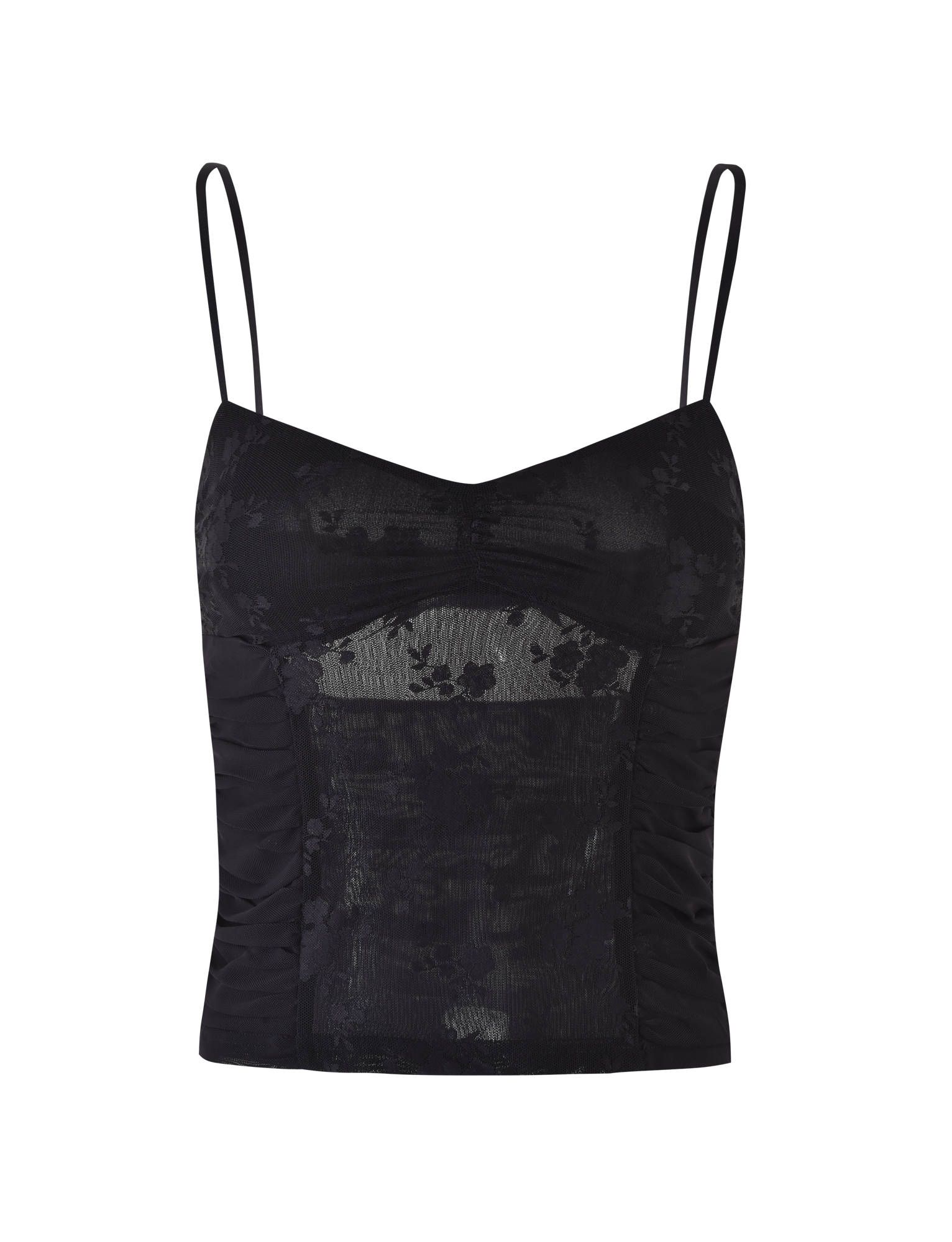 The KALLIE TOP - BLACK by TIGERMIST is a black lace camisole with thin adjustable straps, a fitted silhouette, and sheer floral mesh panels on the front and bust.