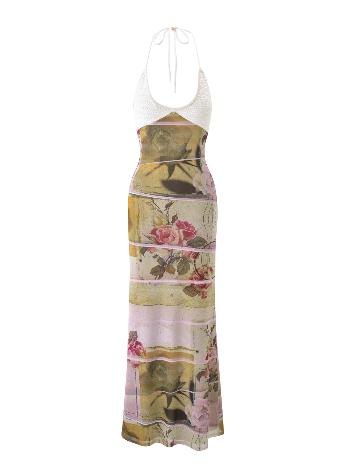 The TIGERMIST TILLEY MAXI DRESS - ROSE POSTCARD is a halter-neck mesh maxi dress with crochet bust cups and a long, flowy skirt featuring an exclusive floral print in green, pink, and yellow.