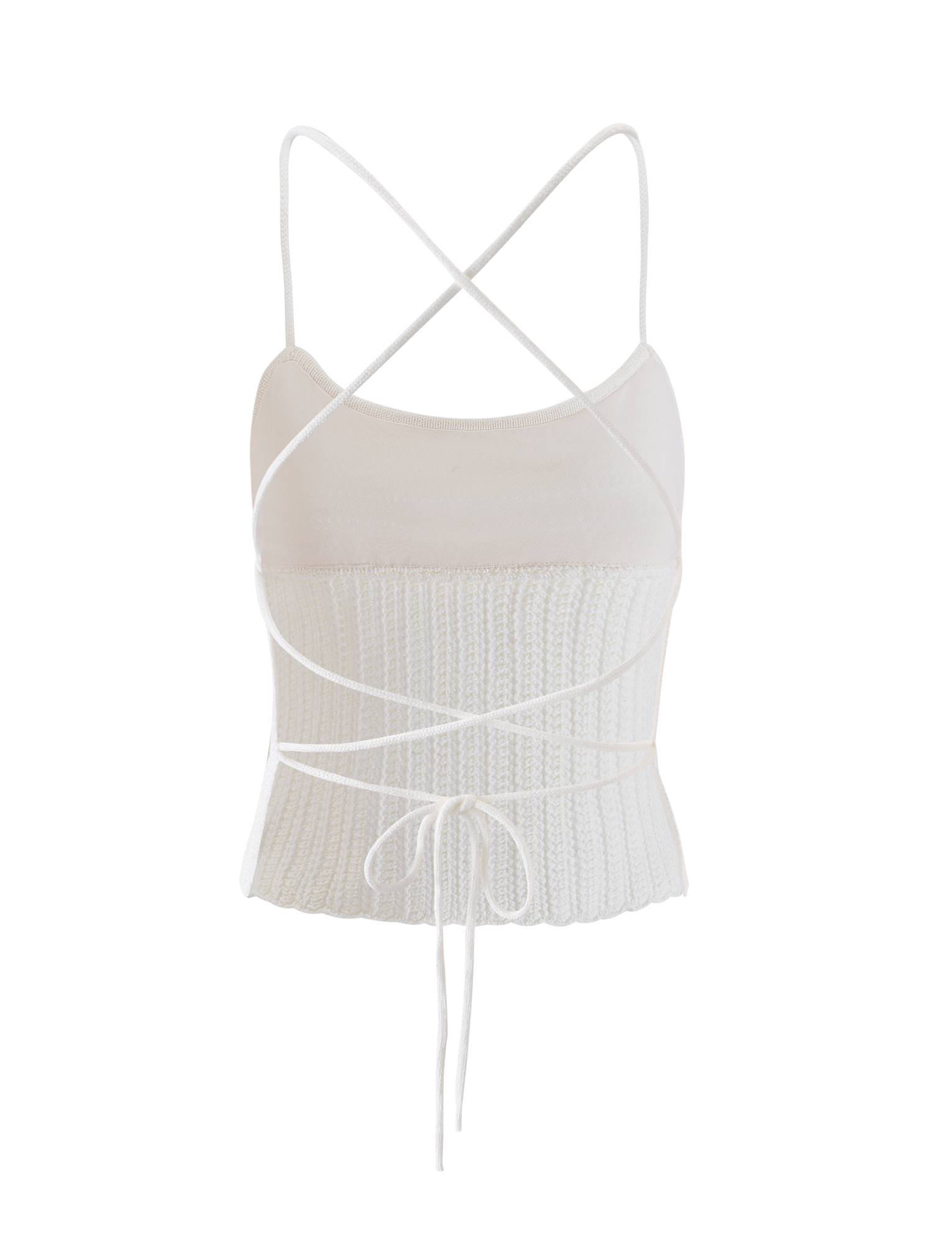 The EMELYN TOP - CREAM by TIGERMIST is a white knit crop top featuring a mesh-lined bust, spaghetti straps, and crisscross wrap-around waist strings, shown on a white background.