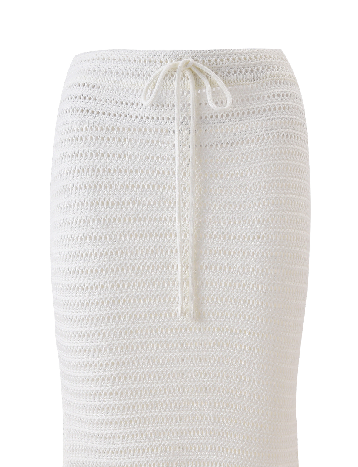 A close-up of the TIGERMIST EMELYN MIDI SKIRT in cream, a white semi-sheer crochet skirt featuring an elasticated waist and drawstring tie, shown against a plain white background.