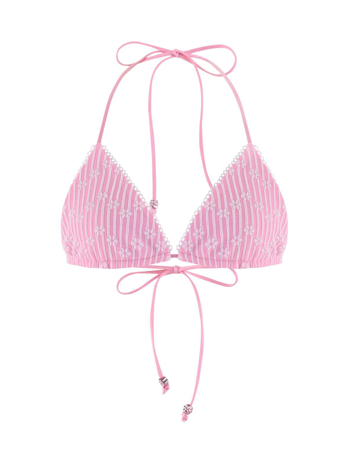 The SAHRA BIKINI TOP - PINK FLOWER STRIPE by TIGERMIST features triangle cups in textured rib fabric, a white beaded trim, and thin pink halter and back ties finished with pink bead accents.