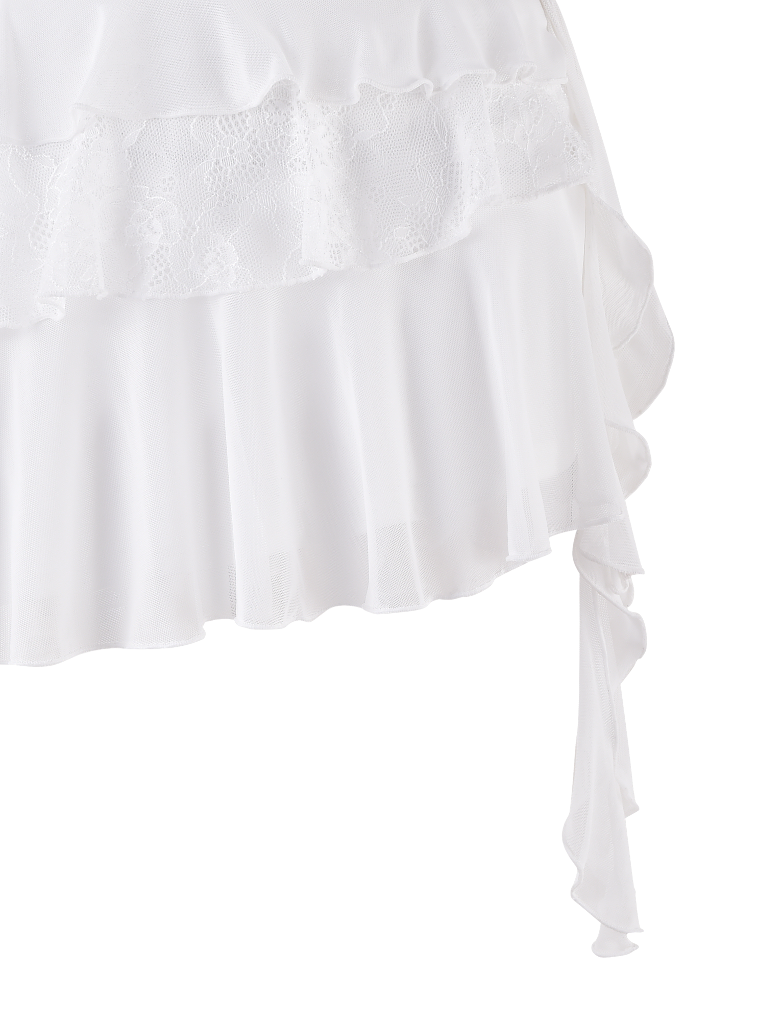 The AVALYN SKIRT - WHITE by TIGERMIST features white ruffled fabric with lace trim and layered, sheer textures, adding delicate elegance to any look.