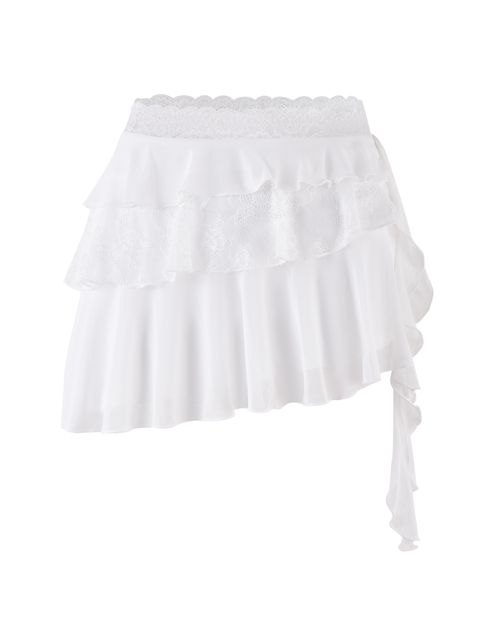 The TIGERMIST AVALYN SKIRT in white features an asymmetrical high-waisted design with layered ruffles, delicate lace trim, and a flowing fabric. Its uneven hemline creates a unique and charming look.