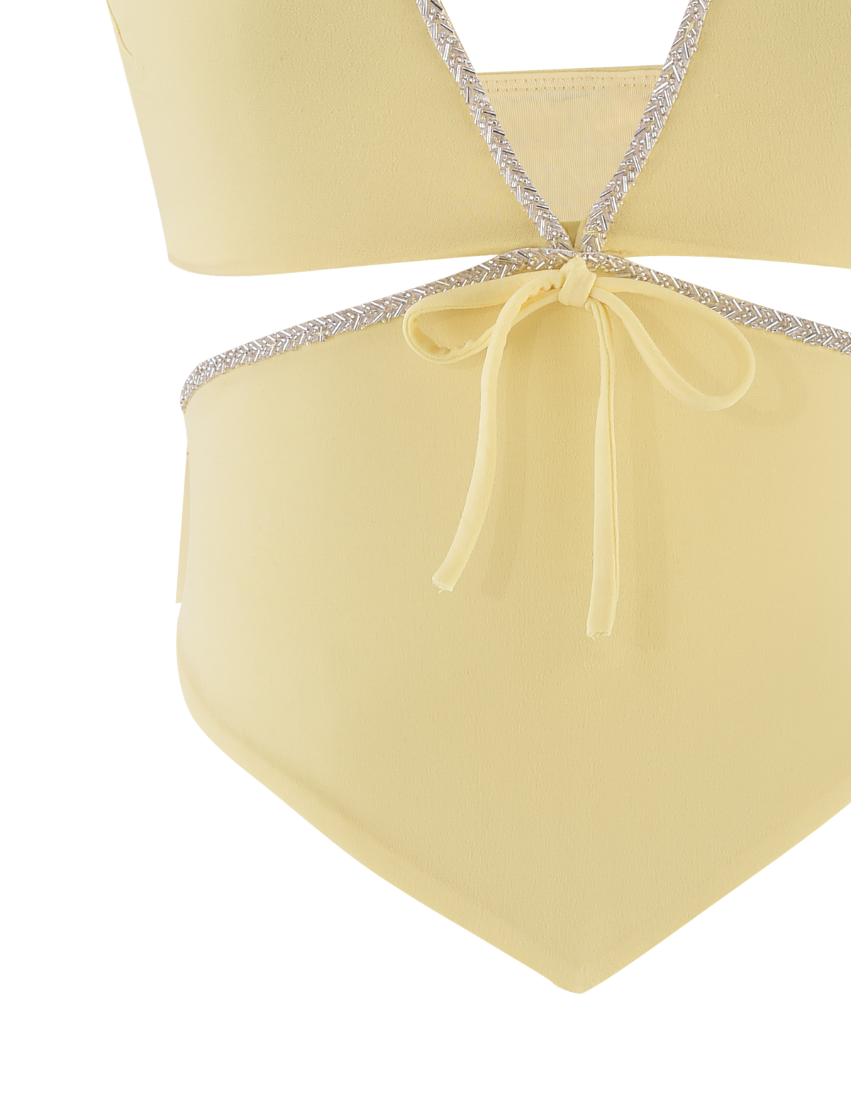 The TIGERMIST LIZZIE TOP in Lemon is a yellow one-piece with a deep V-cut, sparkly beaded trim, front waist tie, and stylish cutouts for added flair.