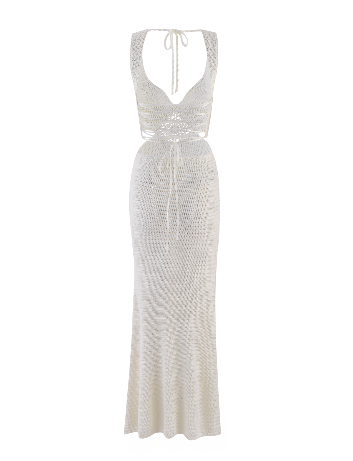The TIGERMIST JONAH MAXI DRESS in cream is a long, white crochet dress with a deep v-neck, halter straps, front crisscross ties, a figure-hugging fit at the waist and hips, and a slightly flared hem for graceful movement.