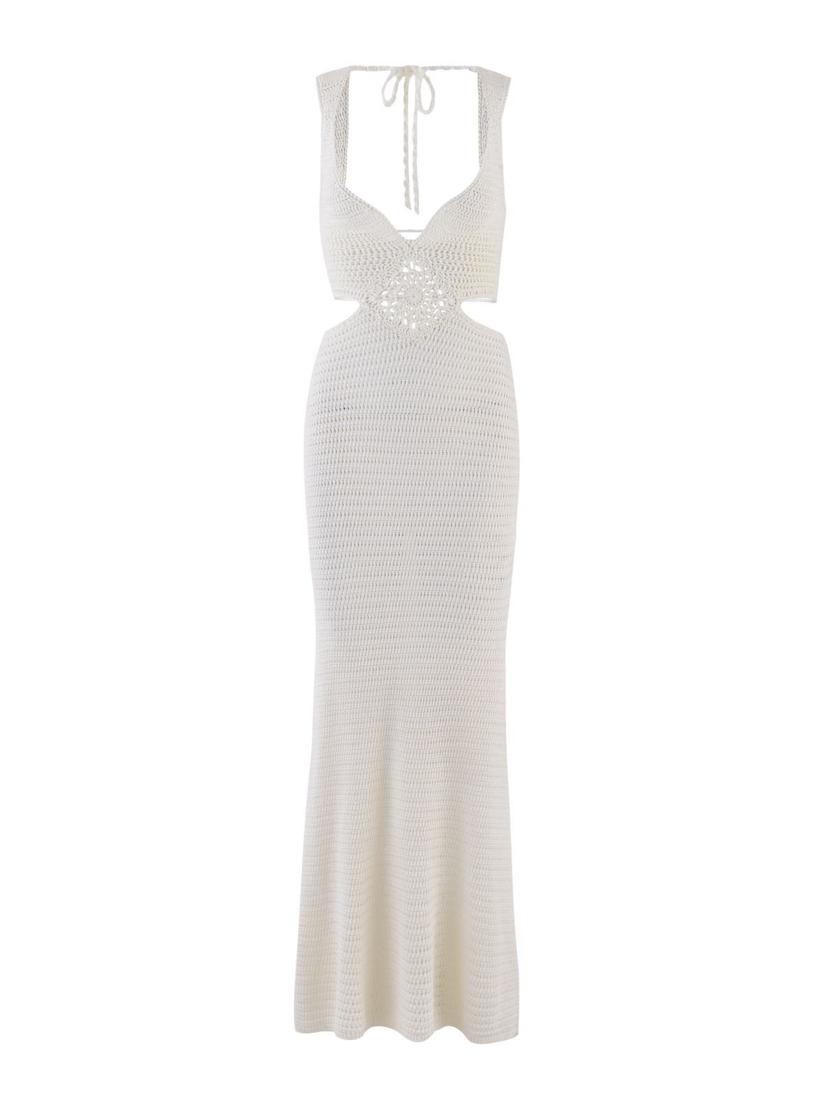 The JONAH MAXI DRESS in cream by TIGERMIST is a sleeveless crochet maxi with a deep V-neck, open back, bodycon fit, slight hem flare, and elegant diamond crochet detail.