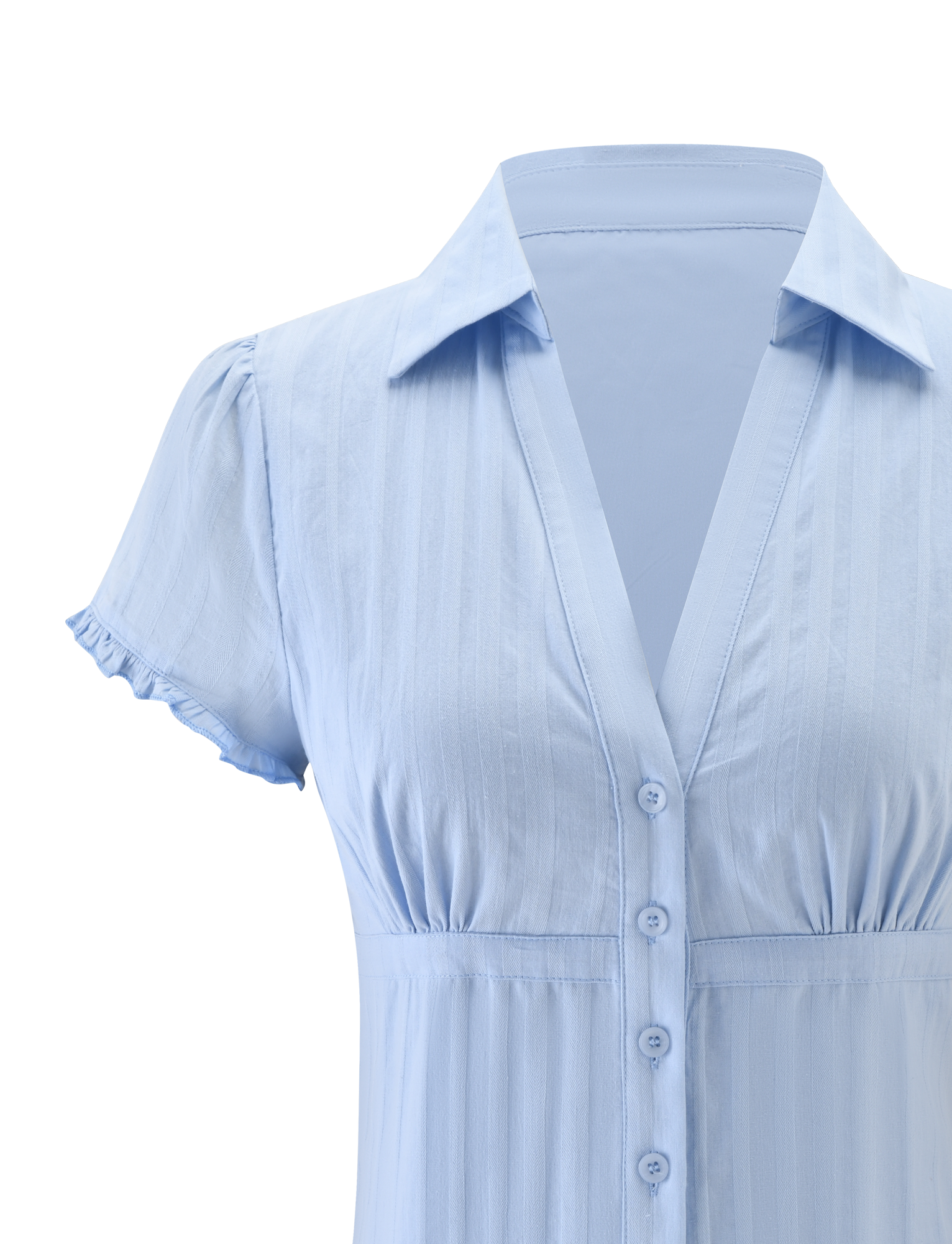 The VALERIE SHORT SLEEVE SHIRT - BABY BLUE by TIGERMIST features a light blue, vertically striped design with a V-neck collar, front buttons, short sleeves, and subtle ruffle details at the sleeve edges.
