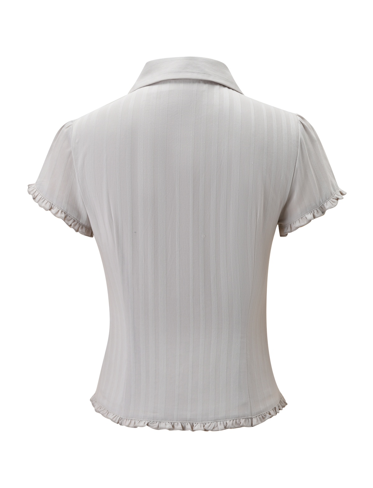 Back view of the TIGERMIST VALERIE SHORT SLEEVE SHIRT - GREY, a light gray cotton shirt with white vertical stripes, collar, and ruffled edges on the sleeves and hem.
