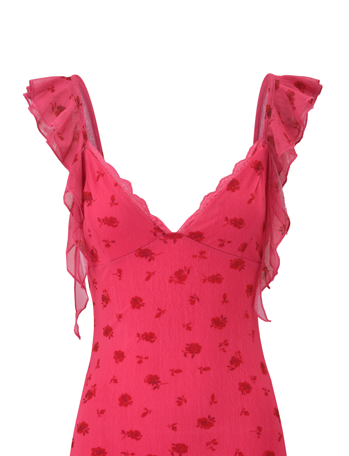 A close-up of the AMARIS MINI DRESS - DITSY FLORAL by TIGERMIST, featuring a pink V neck mini design with thin ruffled straps, red floral print, delicate lace trim, and airy, lightweight mesh fabric.