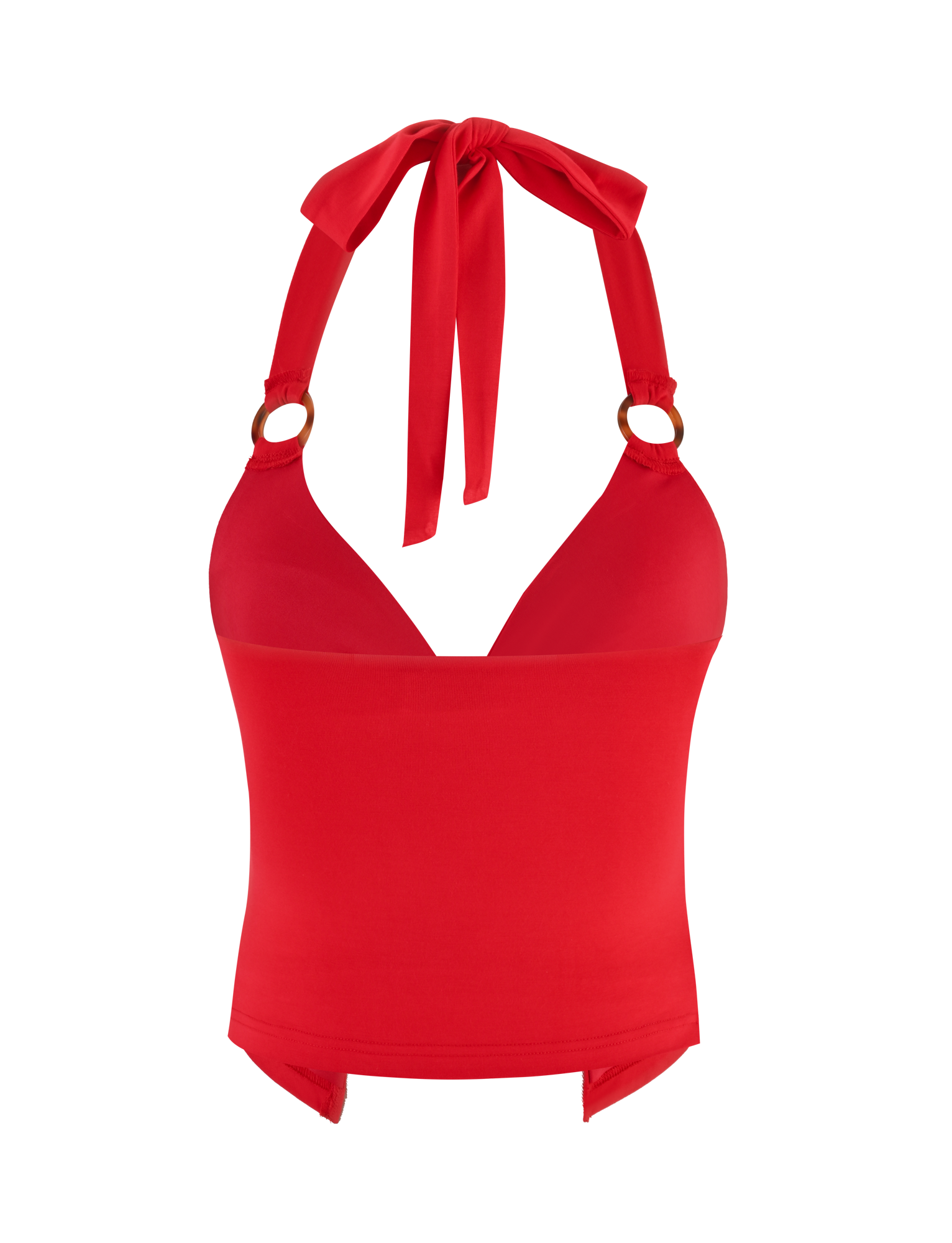 The ZENEVA TOP - RED by TIGERMIST is a bright red halter-neck bikini top with a bow tie at the neck, tortoise shell ring strap accents, and a longline fit for added coverage below the bust.