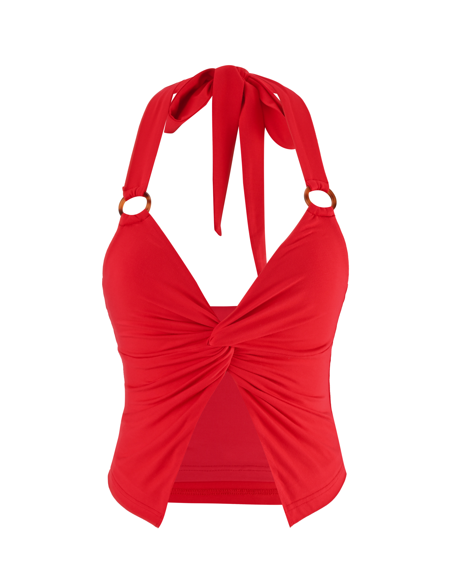 The ZENEVA TOP - RED by TIGERMIST is a vibrant halter top with a front twist detail, open midsection, and wide neck-tie straps.