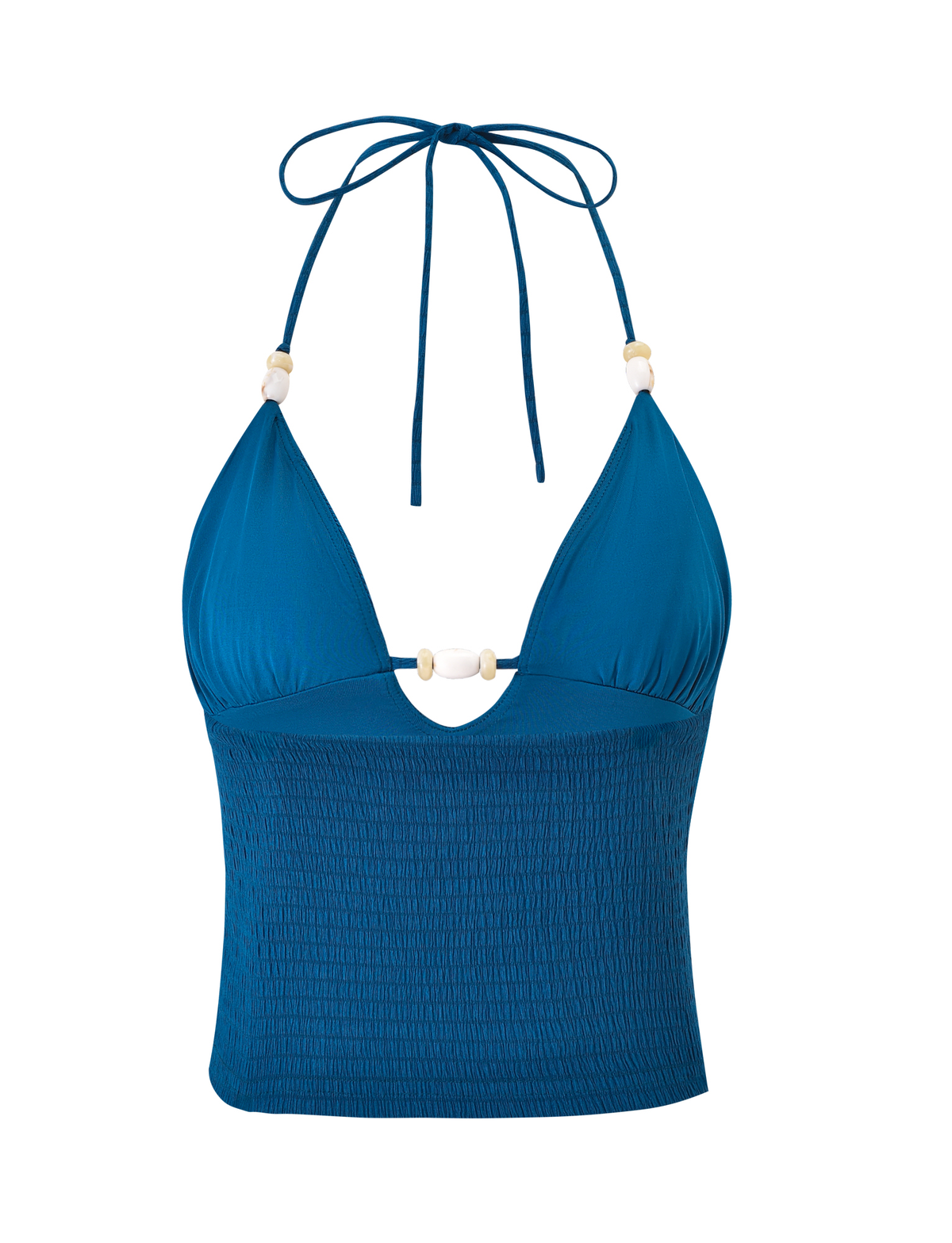 The ZINNIA TOP - BLUE by TIGERMIST is a blue halter top with a bodycon fit, ruched fabric, deep V neckline, white bead strap details, back neck tie, and a stretchy smocked bodice.