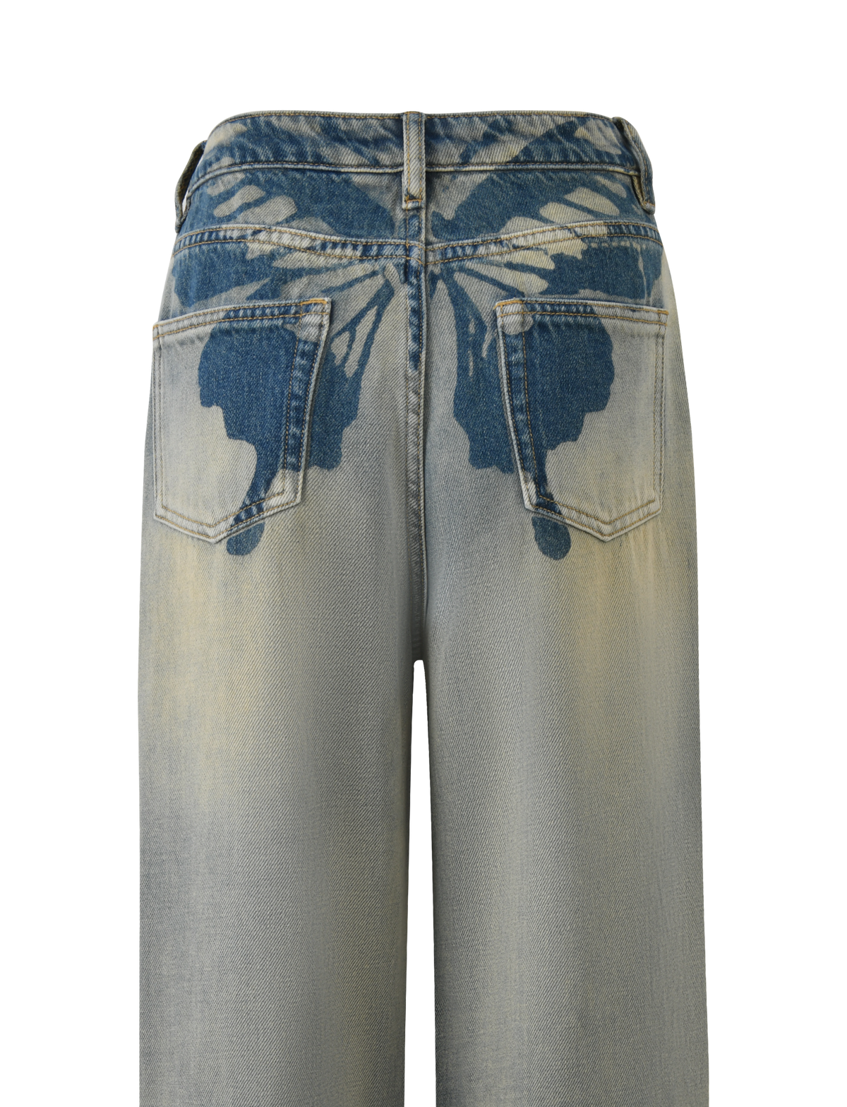 Back view of the ZANTHE JEAN - GREY WASH by TIGERMIST in rigid denim, featuring an oversized fit and a bold butterfly print spanning both back pockets and extending toward the waistband.