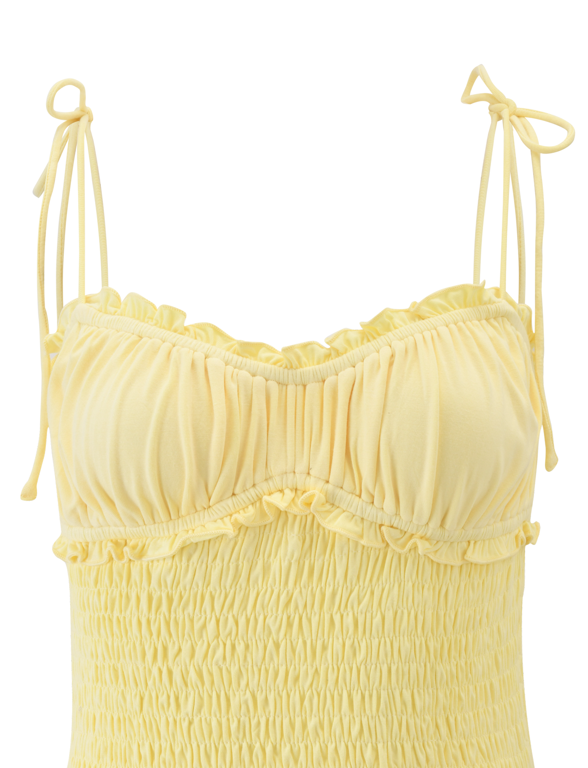 The SAFIRA TOP - LEMON by TIGERMIST is a light yellow, sleeveless jersey top featuring tie-up shoulder straps, a ruched bodycon fit, and gathered detailing on the bust and top.