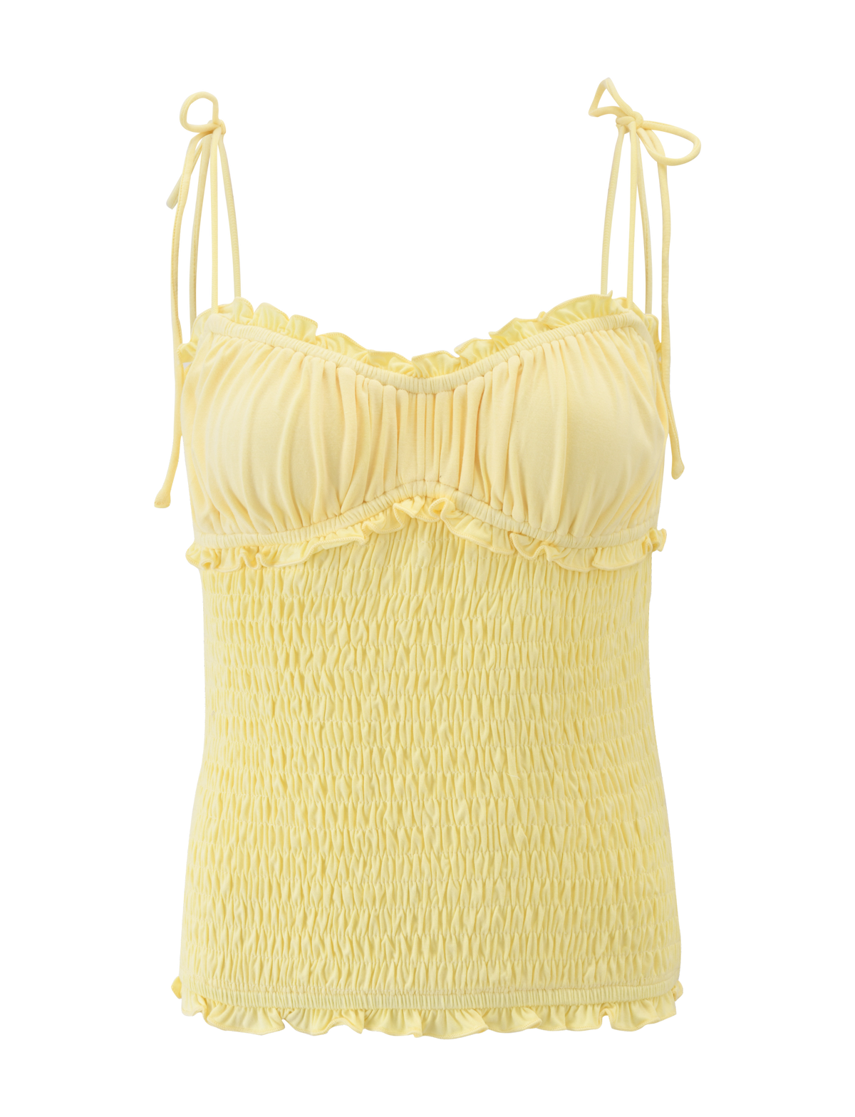 The SAFIRA TOP - LEMON by TIGERMIST is a light yellow camisole with ruched detailing, adjustable tie straps, a ruffled neckline, and a smocked, stretchy bodice for a flattering fit.