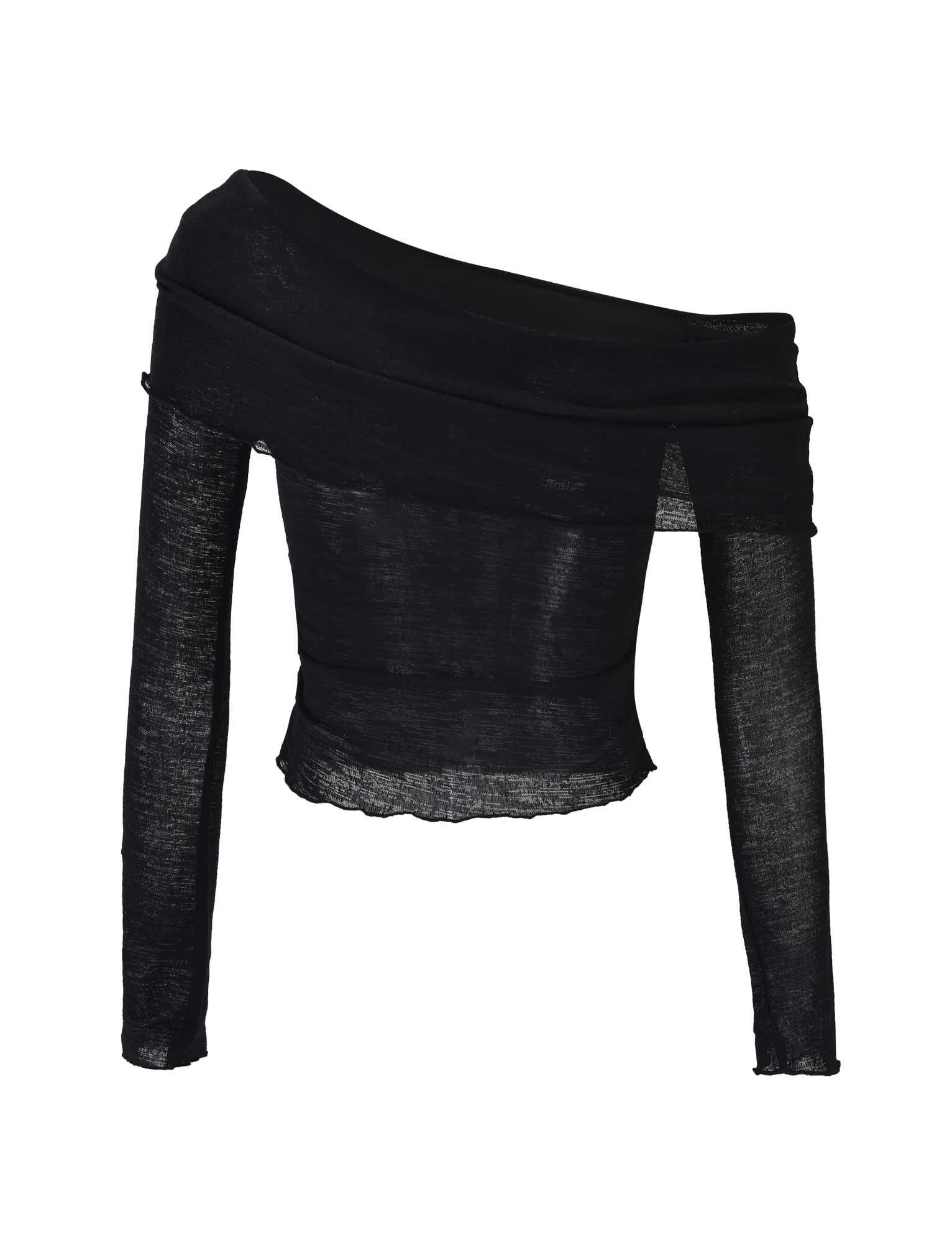 The VERA TOP - BLACK by TIGERMIST features a sheer black mesh design with long sleeves and an off-the-shoulder neckline, crafted in lightweight textured knit for a fitted silhouette.