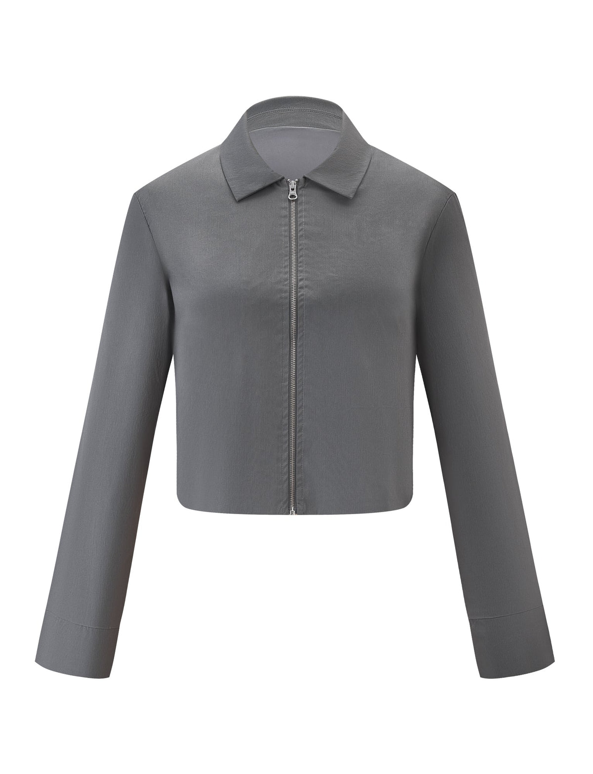 The TYSHA JACKET - CHARCOAL by TIGERMIST is a boxy-fit, lightly ribbed cargo jacket with long sleeves, collared neckline, front zipper, and a slightly cropped cut, shown against a white background.