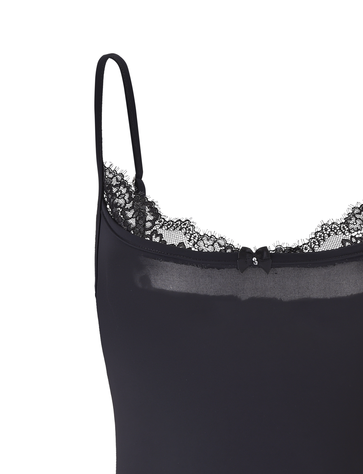 Close-up of the TIGERMIST ASTRID BODYSUIT in black, featuring adjustable straps, lace-trimmed neckline, and a small decorative bow at the center.