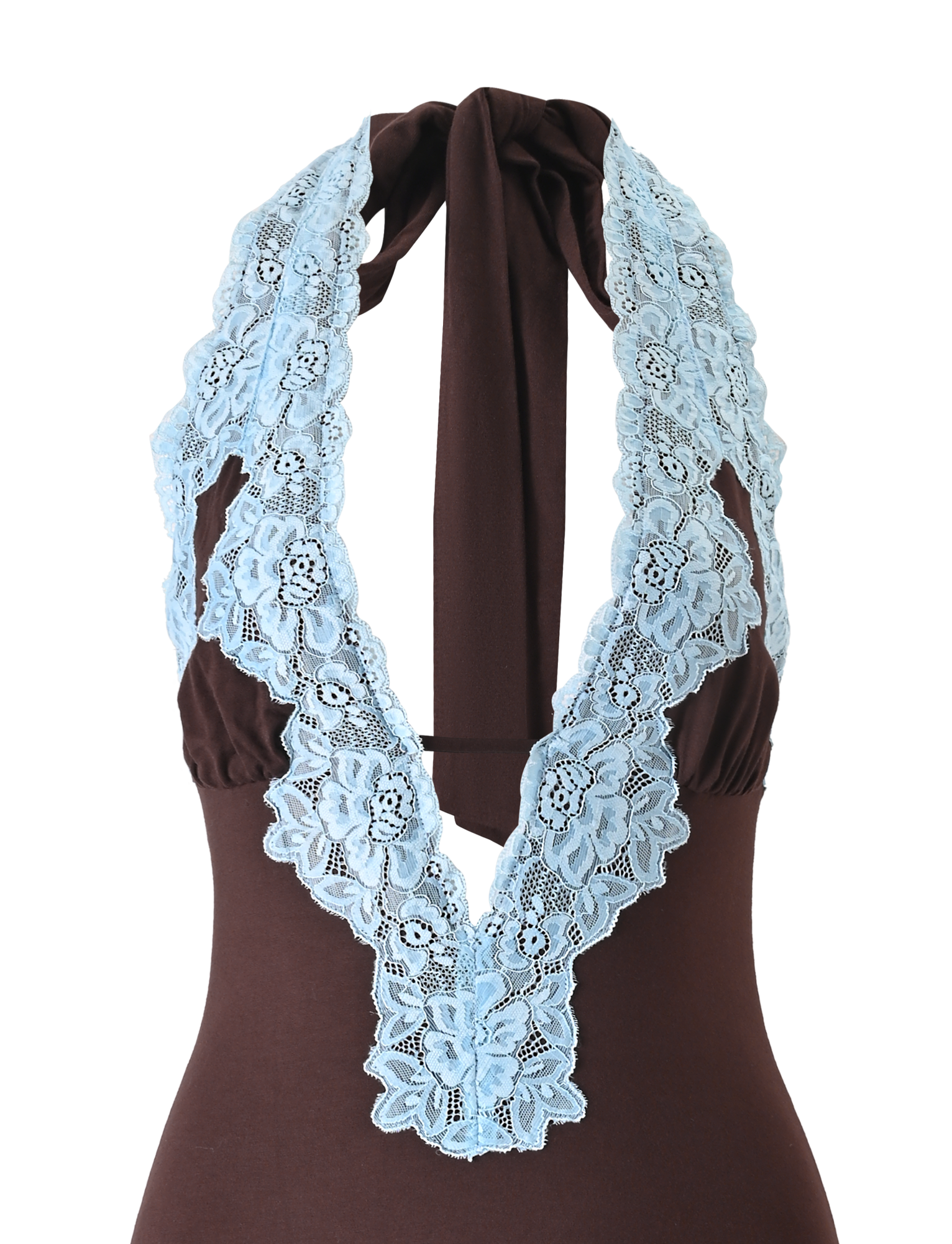 The TALIYAH MINI DRESS by TIGERMIST in chocolate is a halter mini dress with a deep V neckline and wide blue floral lace trim.