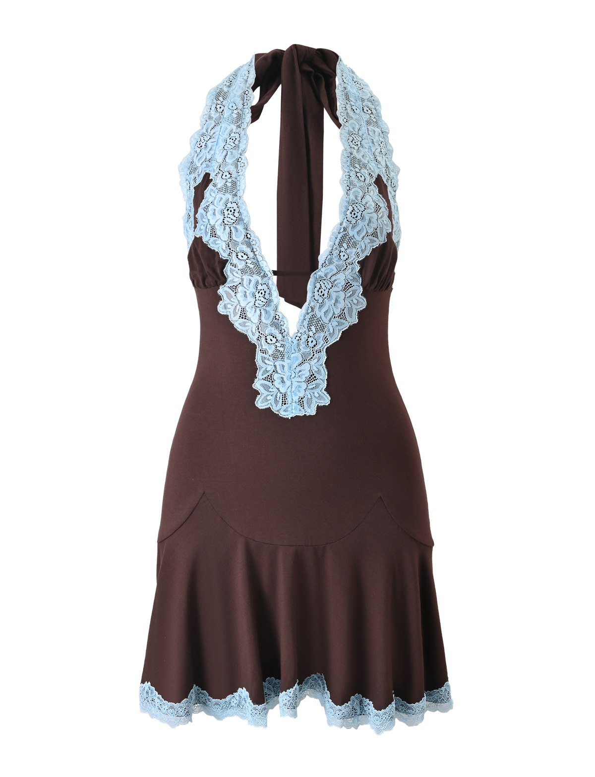 The TALIYAH MINI DRESS by TIGERMIST is a chocolate brown halter mini dress with light blue lace on the neckline and hem, a deep V-neck, and a flared skirt.
