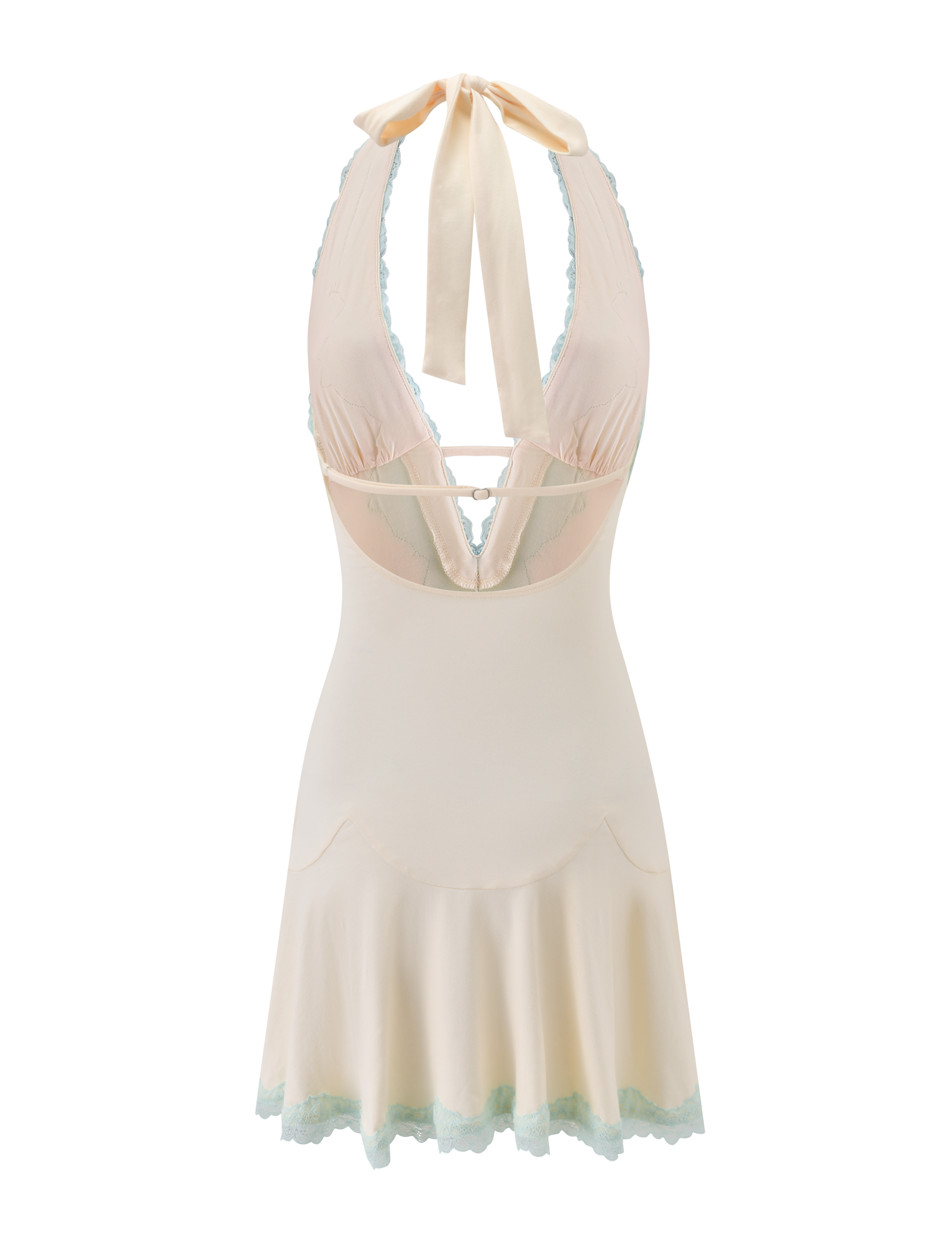 The TALIYAH MINI DRESS by TIGERMIST features a cream hue with mint lace trim, a halter neckline with tie closure, a low back, and a flared hem—making it the ideal effortless summer dress, as beautifully showcased on a white background.