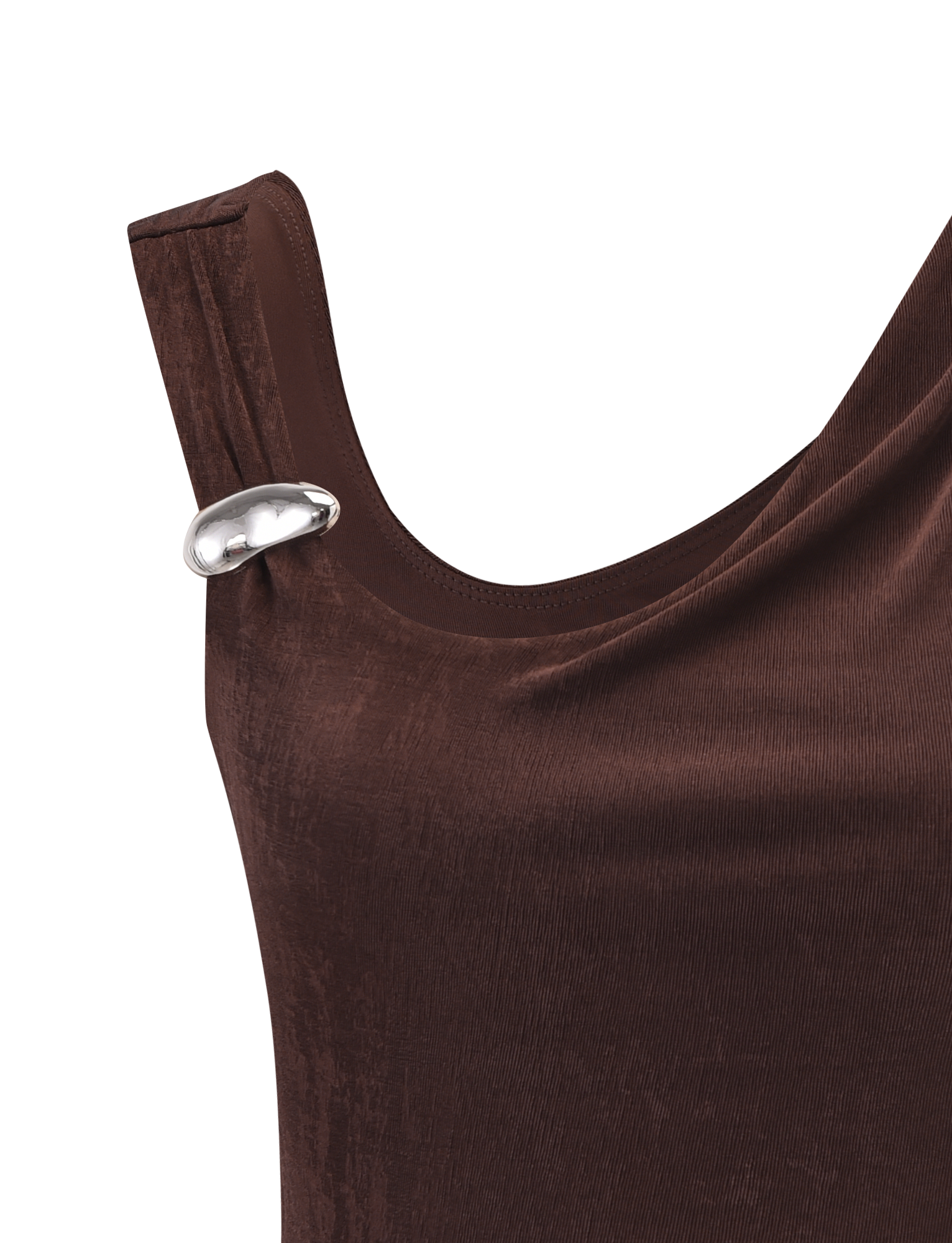 A close-up of the TIGERMIST CASSIAN TOP in chocolate velvet, highlighted by a shiny silver oval brooch at the left shoulder.