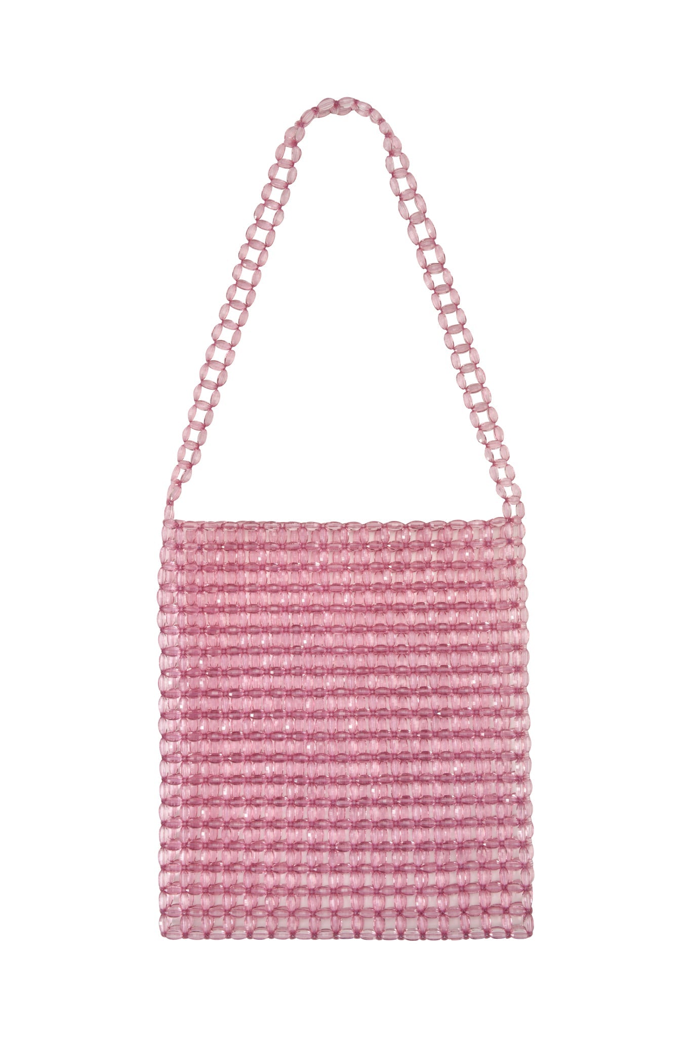 The BIANKA BAG by TIGERMIST is a medium-sized rectangular pink handbag with glossy lucite beads in a grid pattern. Its simple yet stylish design makes it an elegant accessory for any occasion.