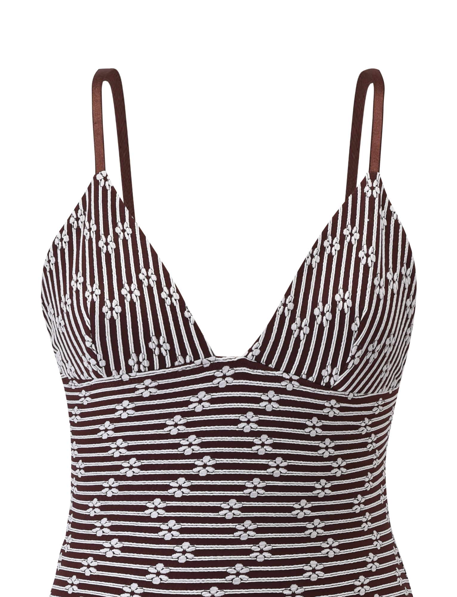The SAHRA MINI DRESS by TIGERMIST features chocolate brown stripes, a textured floral and geometric pattern, thin shoulder straps, a V-neckline, and a small triangular cutout at the center.