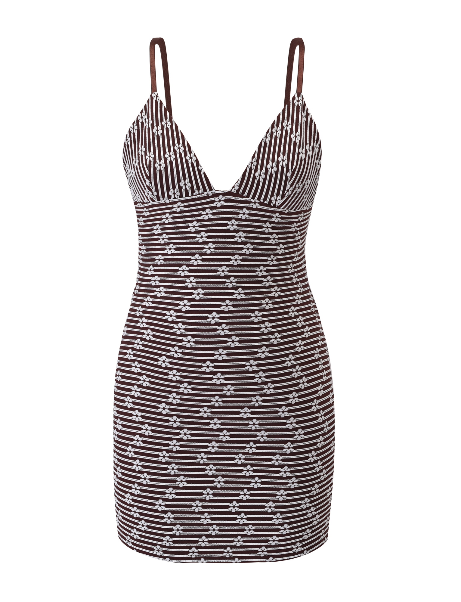 The SAHRA MINI DRESS by TIGERMIST features a sleeveless, body-con fit with thin straps and a deep V-neckline. It displays chocolate brown geometric stripes accented by small diamond motifs throughout.