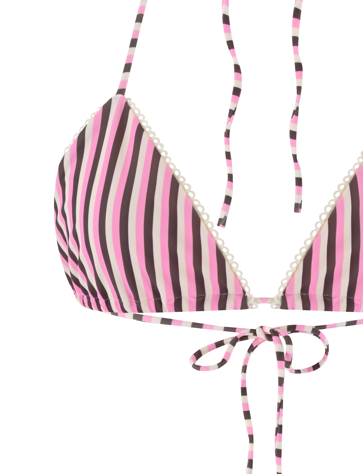 The DAZZLE BIKINI TOP - STRIPE by TIGERMIST features vertical pink, brown, and white stripes, thin straps, a front bow, and is made from high stretch fabric for comfort.