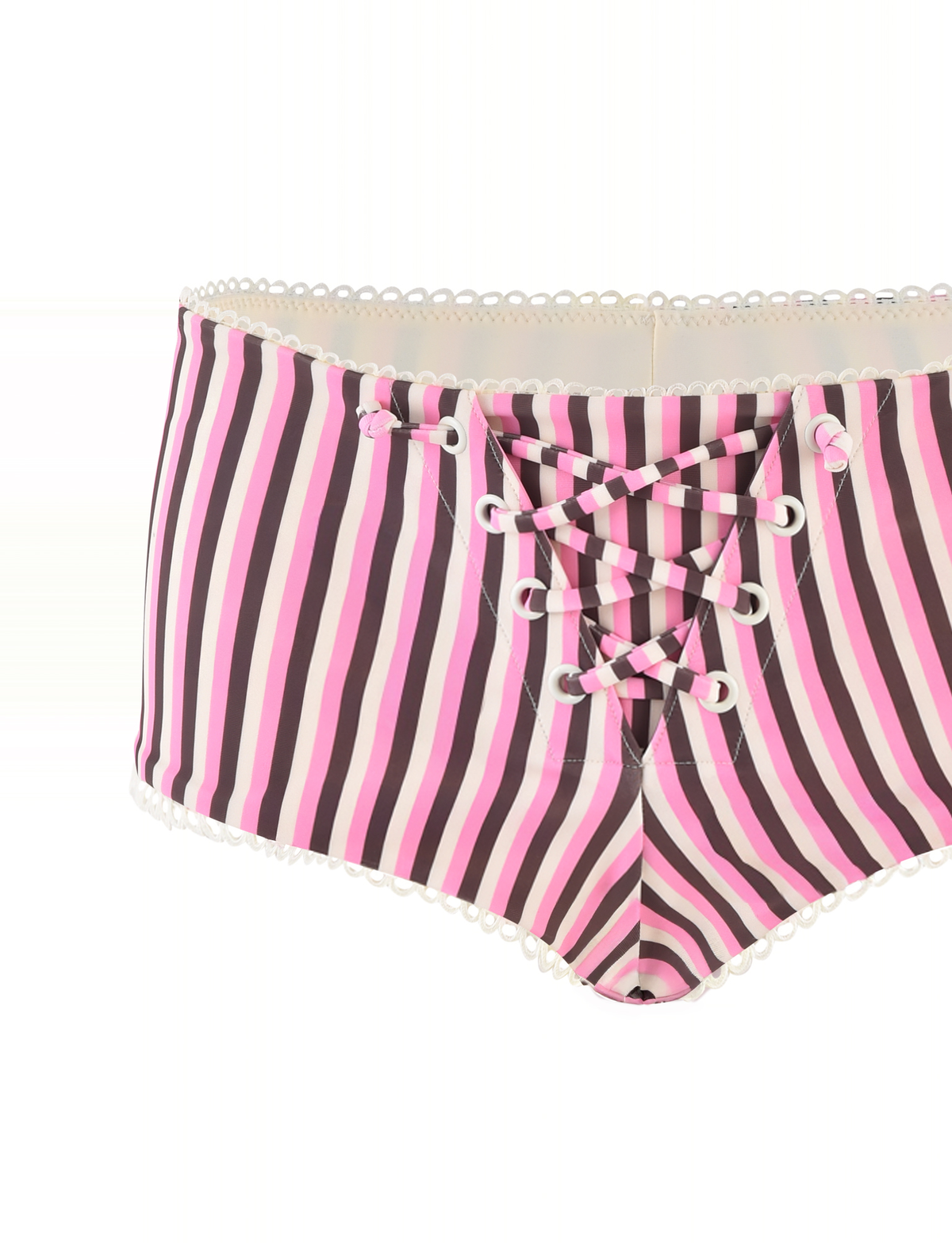 The DAZZLE BIKINI BOTTOM - STRIPE by TIGERMIST features a high-waisted fit with vertical pink and brown stripes, lace-up corset front, and delicate scallop lace along the waistband and leg openings.
