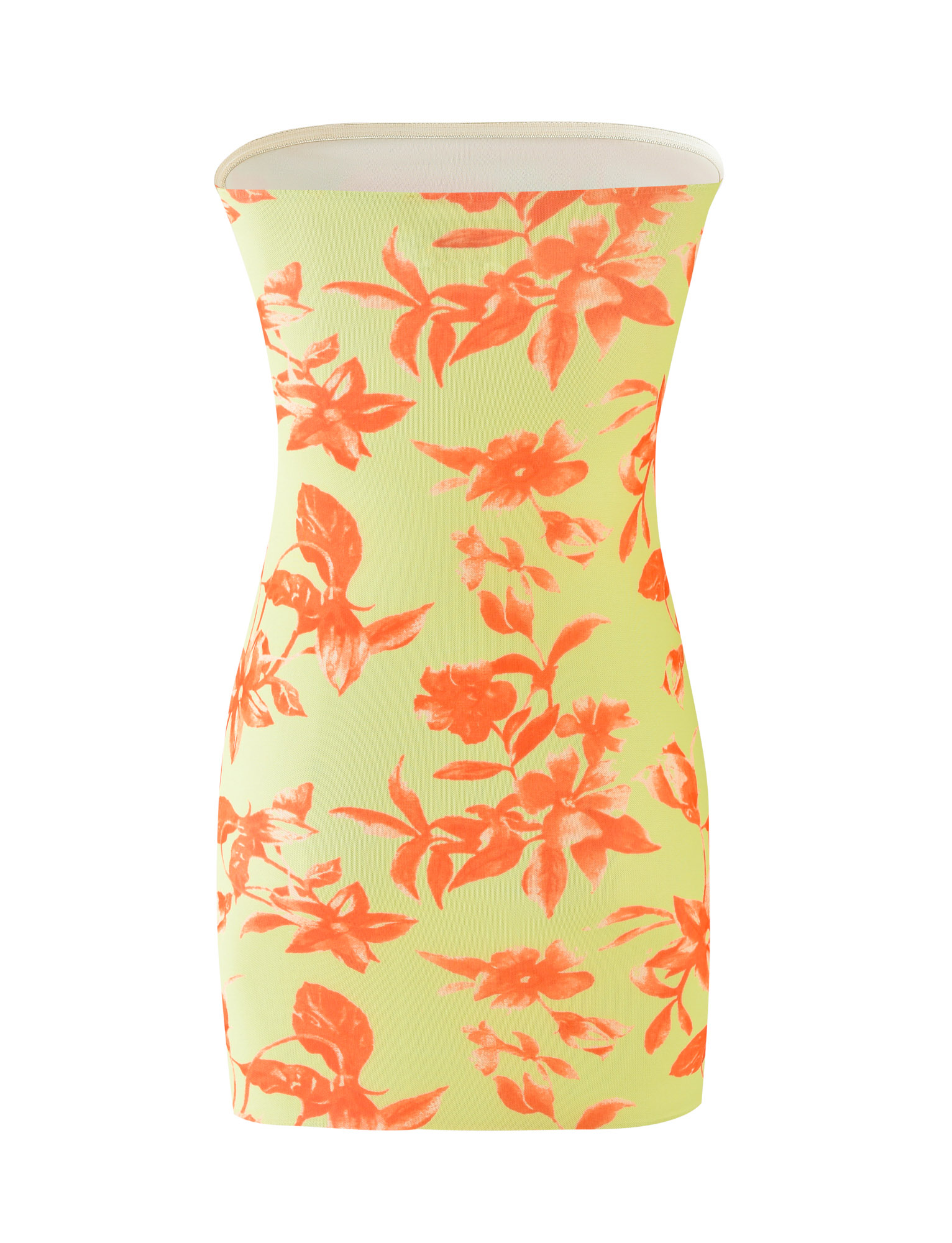 The ZALINA MINI DRESS - POP FLORAL by TIGERMIST is a strapless, form-fitting bodycon mini dress featuring a light yellow base with a vibrant orange floral print.