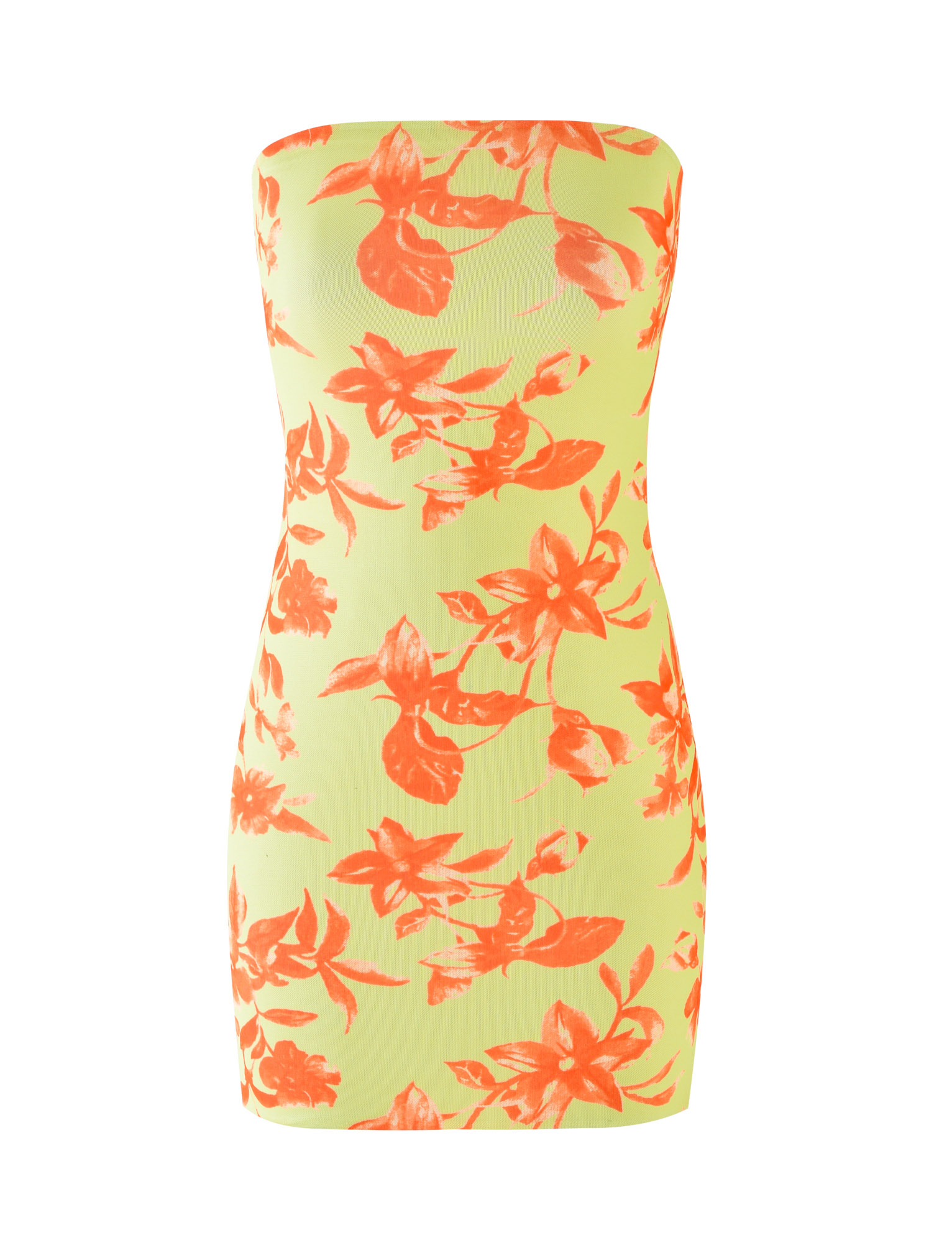 The TIGERMIST ZALINA MINI DRESS - POP FLORAL is a strapless, form-fitting bandeau mini dress with a yellow-green base and bold orange floral print, featuring a smooth seamless look. Displayed against a plain white background.