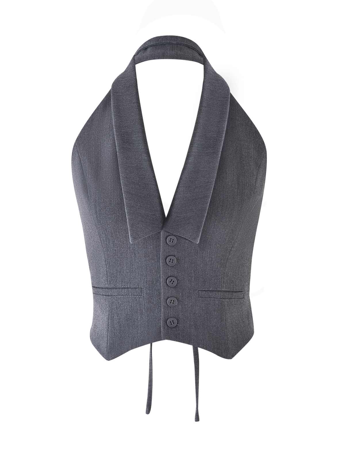 The FEDRA VEST - GREY by TIGERMIST is a gray, backless suiting vest with a deep shawl collar, tailored fit, button front closure, and two front pockets, shown on a white background.