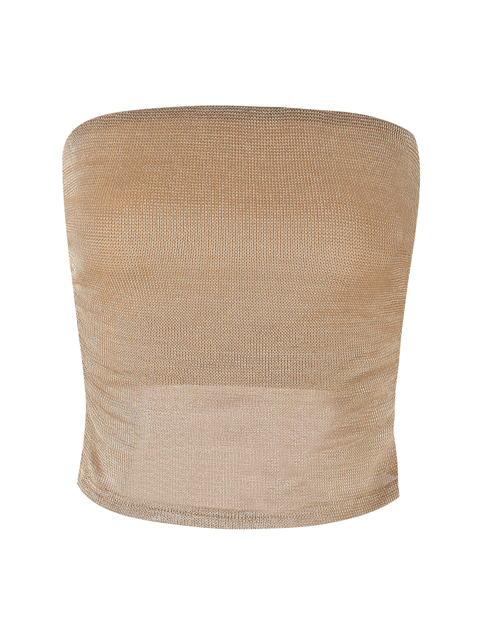 The HARRIETT TUBE TOP - GOLD by TIGERMIST is a strapless, sheer gold metallic mesh top with a fitted silhouette and subtle shimmer, shown against a white background.