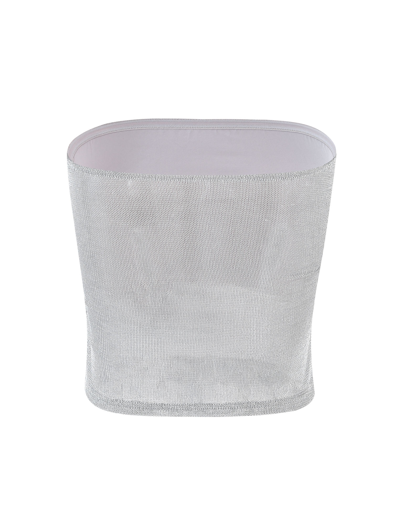 The TIGERMIST HARRIETT TUBE TOP in silver features a fitted, strapless design in metallic mesh with a straight neckline, adding shimmer and style to any outfit. Shown against a white background.