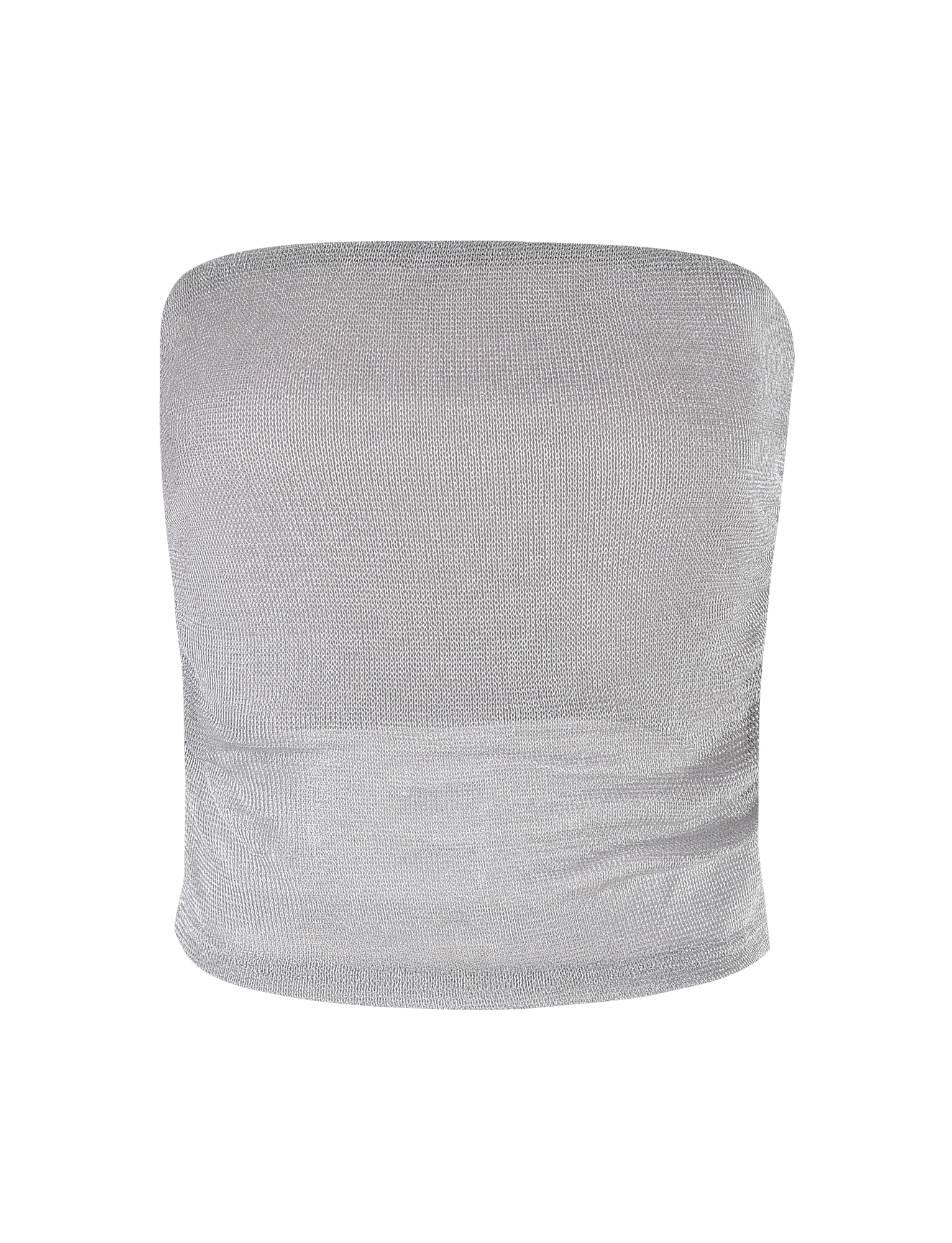 The TIGERMIST HARRIETT TUBE TOP in silver is a light gray, strapless mesh top featuring a fitted silhouette, subtle side ruching, and a sheer hem for an alluring finish.