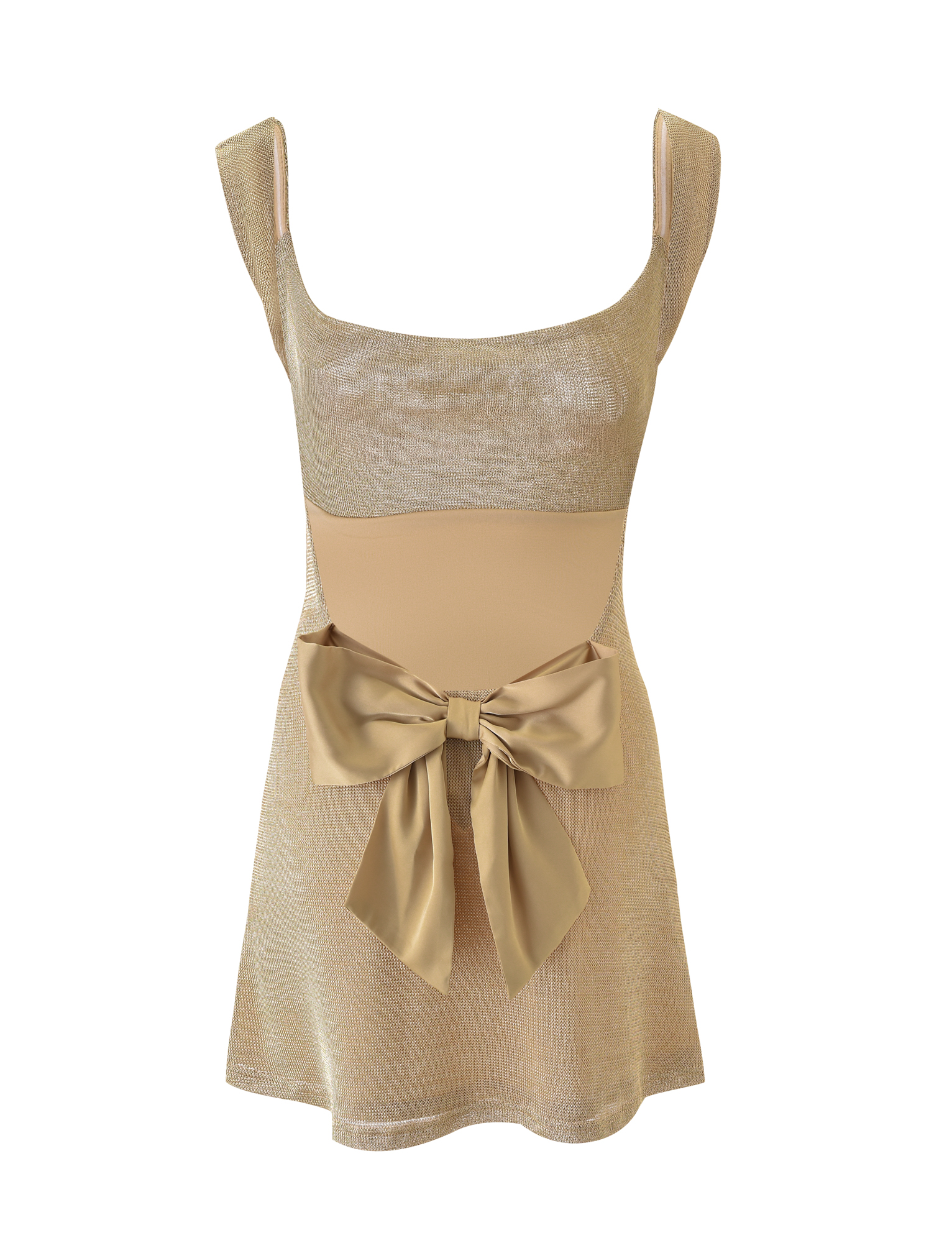 The ZITA MINI DRESS - GOLD by TIGERMIST is a sleeveless mini dress with wide straps, a fitted bodice, large satin waist bow, and a subtly shiny metallic knit fabric. The skirt has a slight flare.