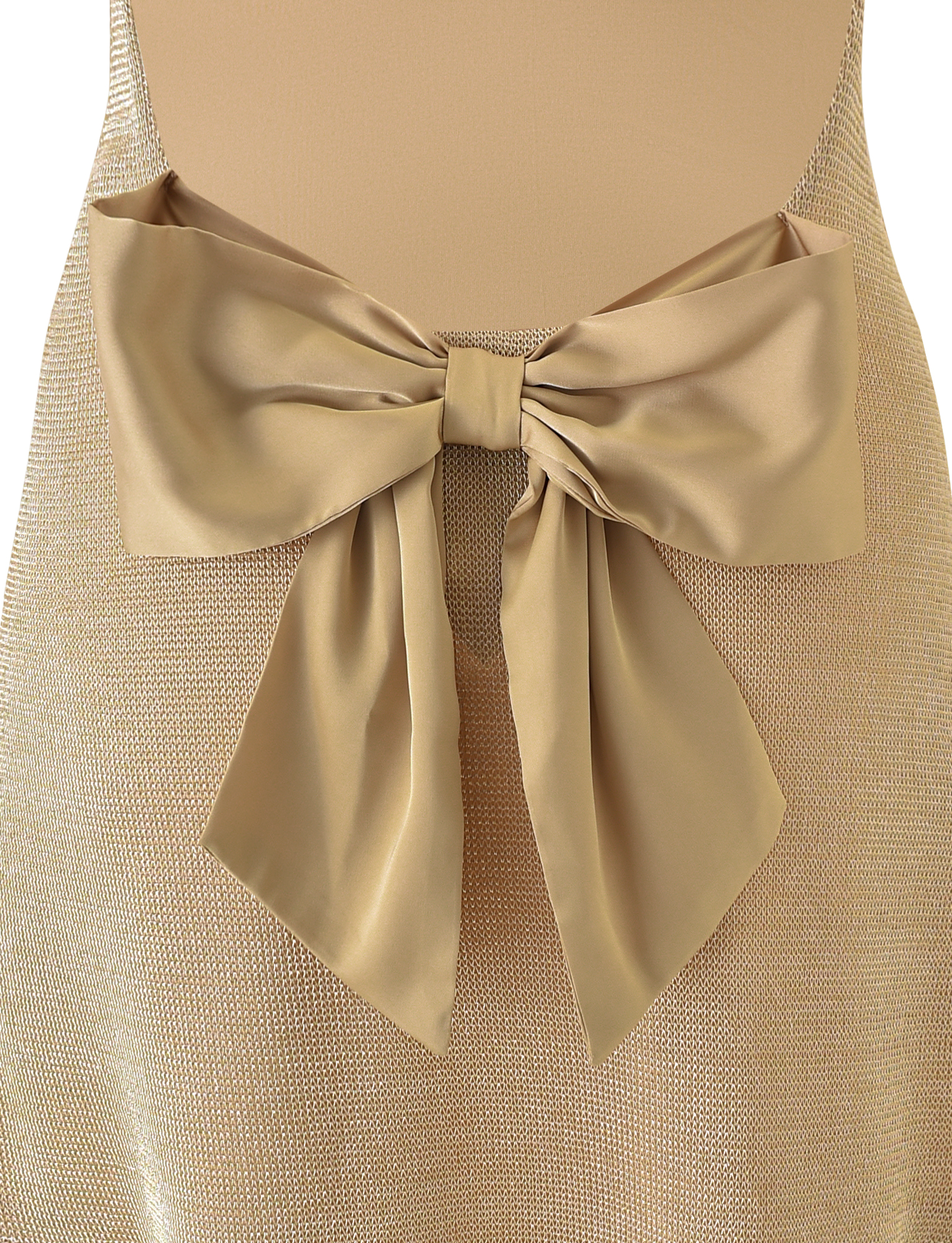 A close-up of the TIGERMIST ZITA MINI DRESS - GOLD, showcasing its shiny metallic gold knit fabric, flirty mini length, and a large satin bow elegantly tied at the back.