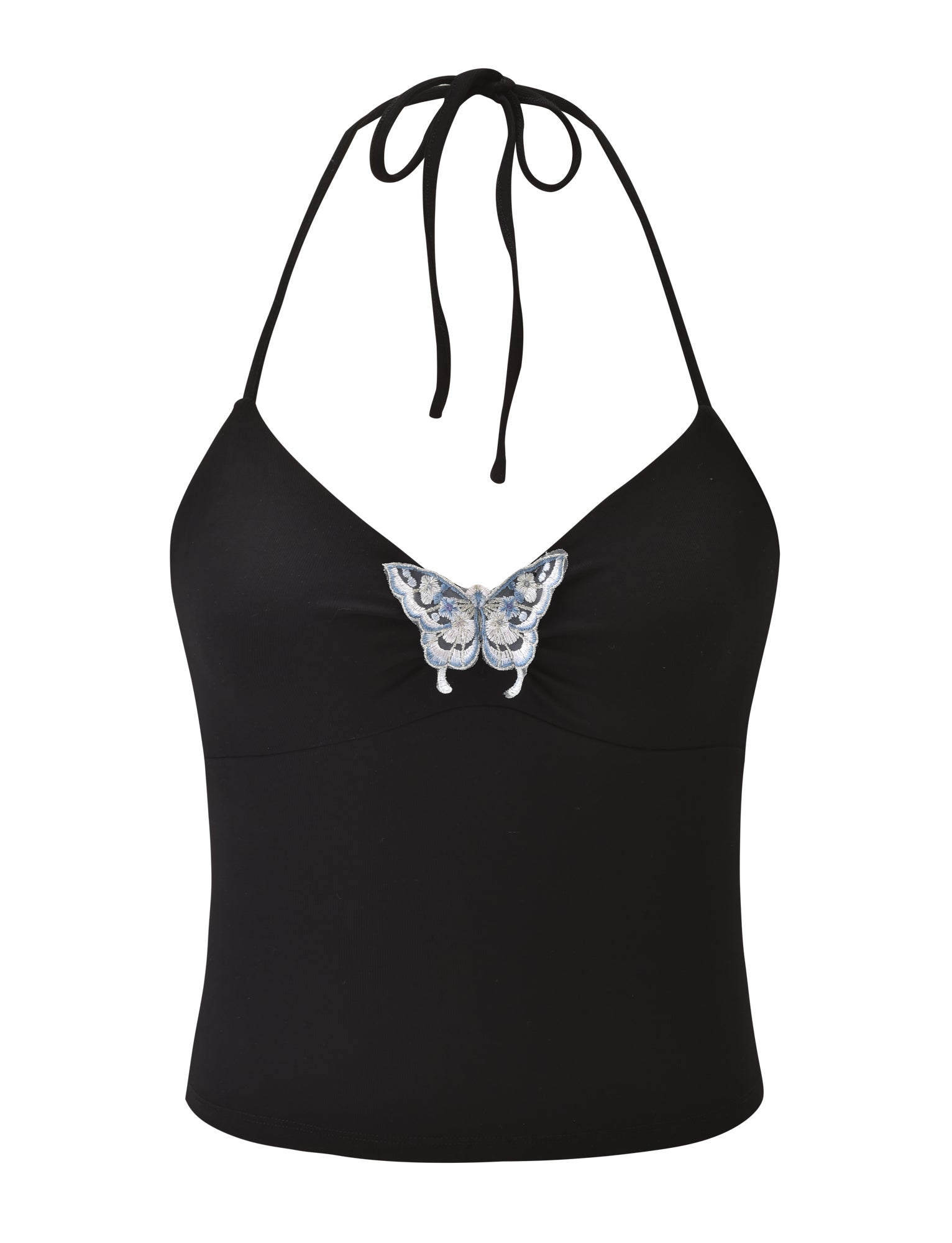 The TIGERMIST CELESTINE TOP - BLACK is a fitted halter top with a neck tie, showcasing a blue and white embroidered butterfly at the center chest.